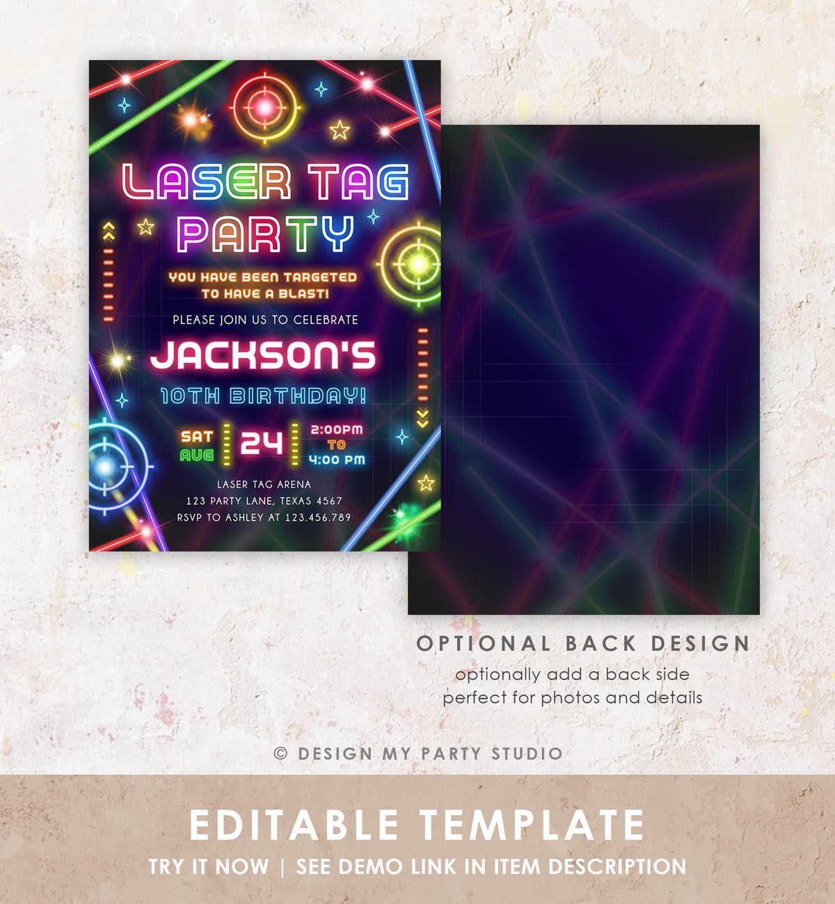 Editable Laser Tag Party Birthday Invitation Animals Neon Glow Arcade Lazer Game On Hall Boy Digital Download Evite Template Printable 0536