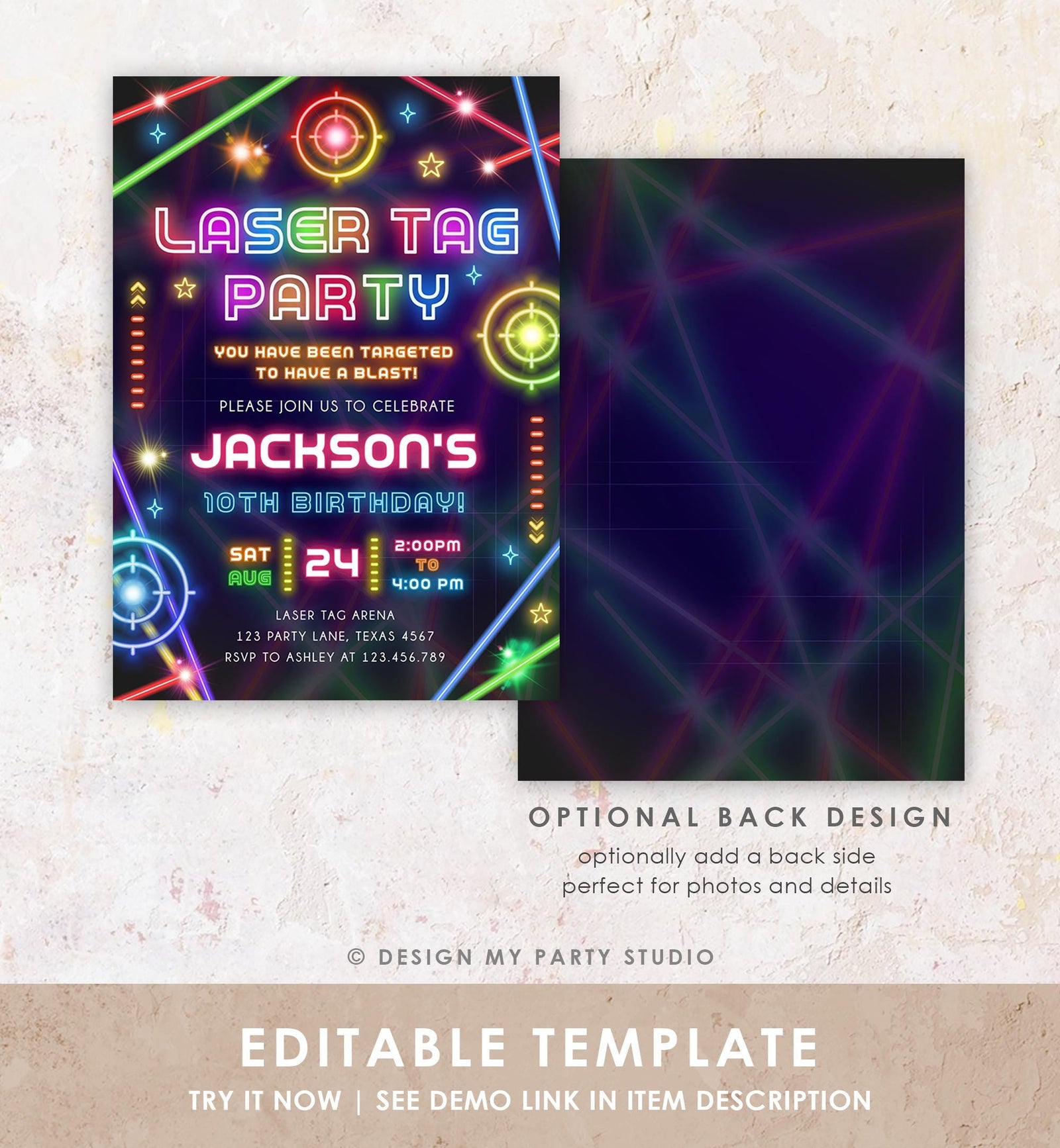 Editable Laser Tag Party Birthday Invitation Animals Neon Glow Arcade Lazer Game On Hall Boy Digital Download Evite Template Printable 0536