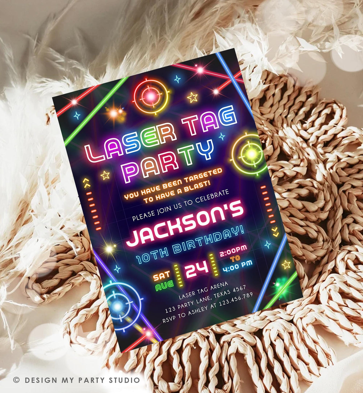 Editable Laser Tag Party Birthday Invitation Animals Neon Glow Arcade Lazer Game On Hall Boy Digital Download Evite Template Printable 0536