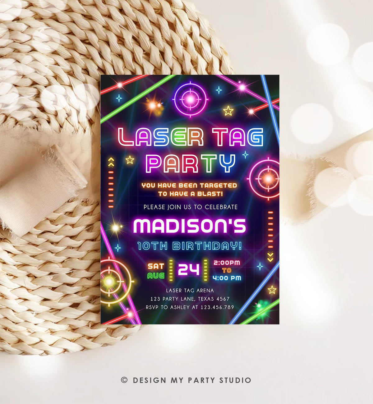 Editable Laser Tag Party Birthday Invitation Animals Neon Glow Arcade Lazer Game On Hall Girl Digital Download Evite Template Printable 0536