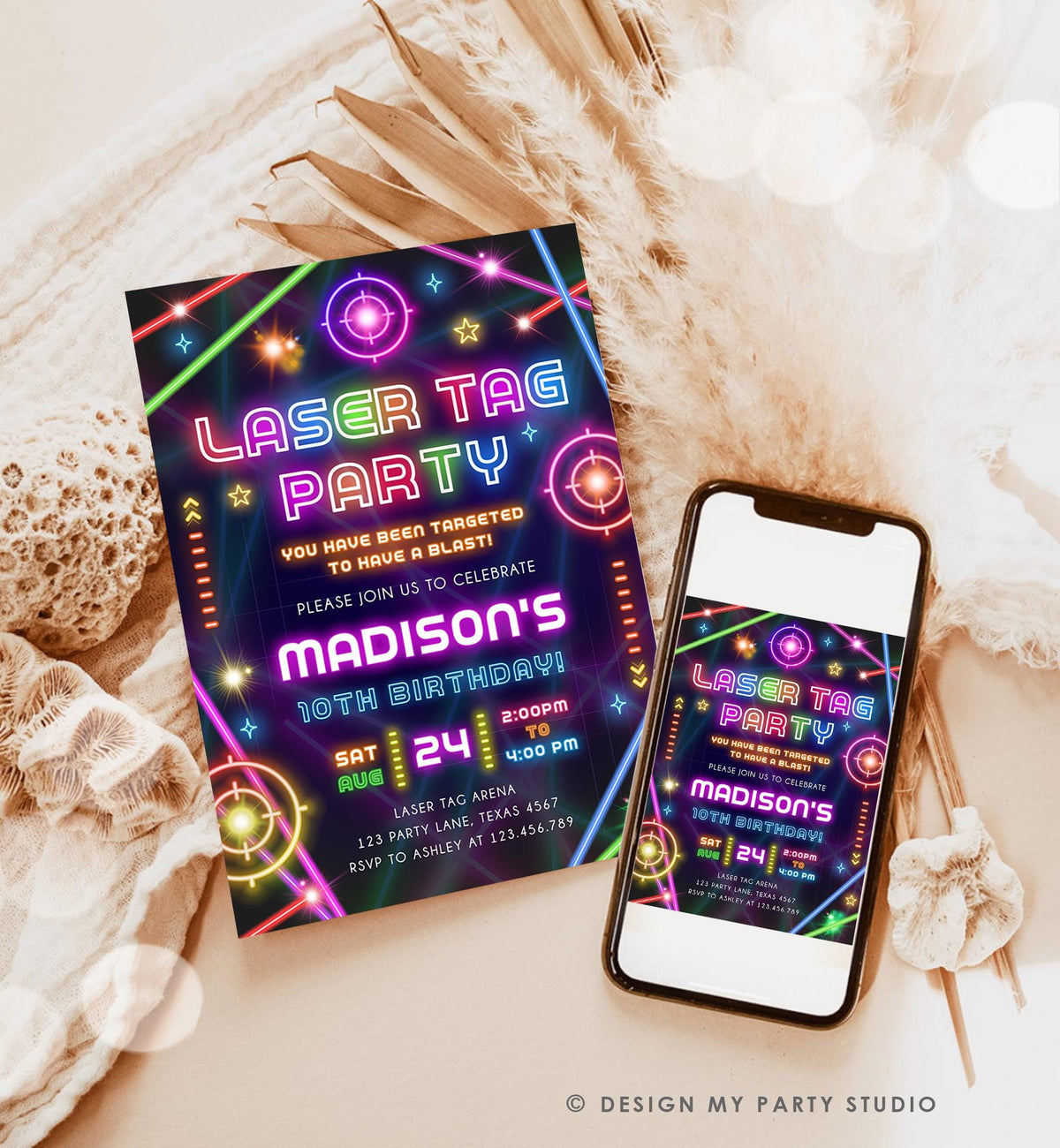 Editable Laser Tag Party Birthday Invitation Animals Neon Glow Arcade Lazer Game On Hall Girl Digital Download Evite Template Printable 0536
