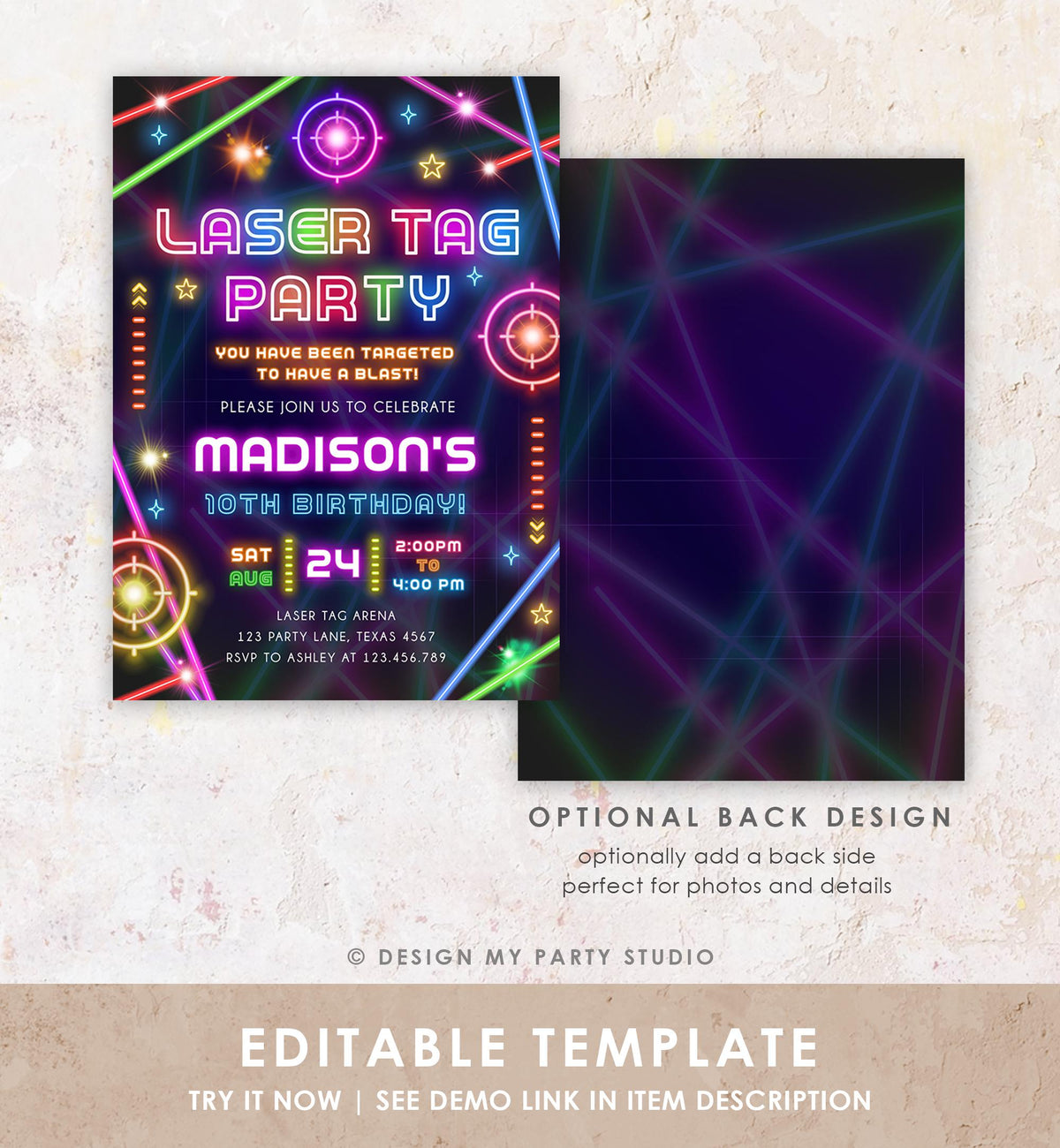 Editable Laser Tag Party Birthday Invitation Animals Neon Glow Arcade Lazer Game On Hall Girl Digital Download Evite Template Printable 0536