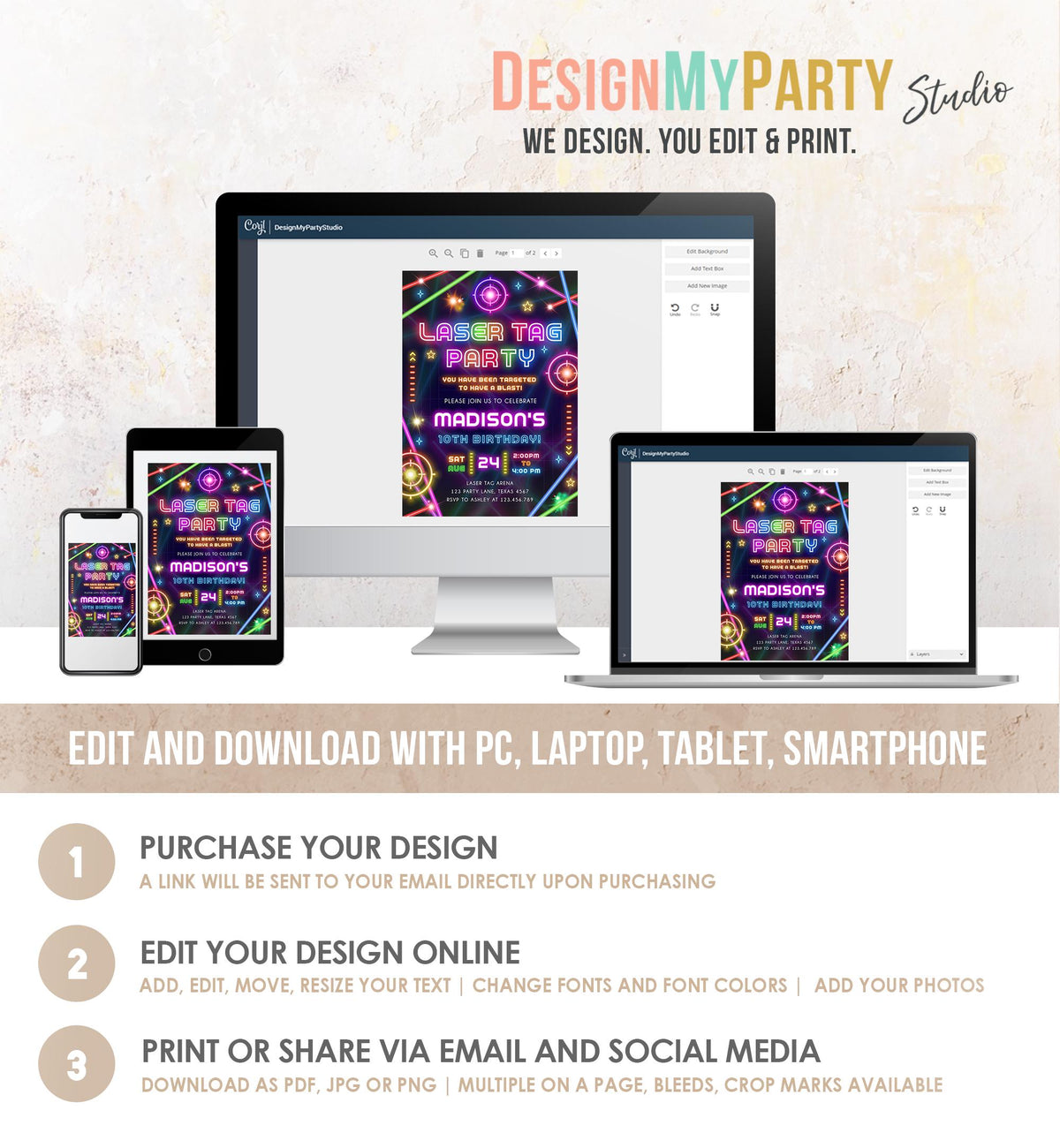 Editable Laser Tag Party Birthday Invitation Animals Neon Glow Arcade Lazer Game On Hall Girl Digital Download Evite Template Printable 0536