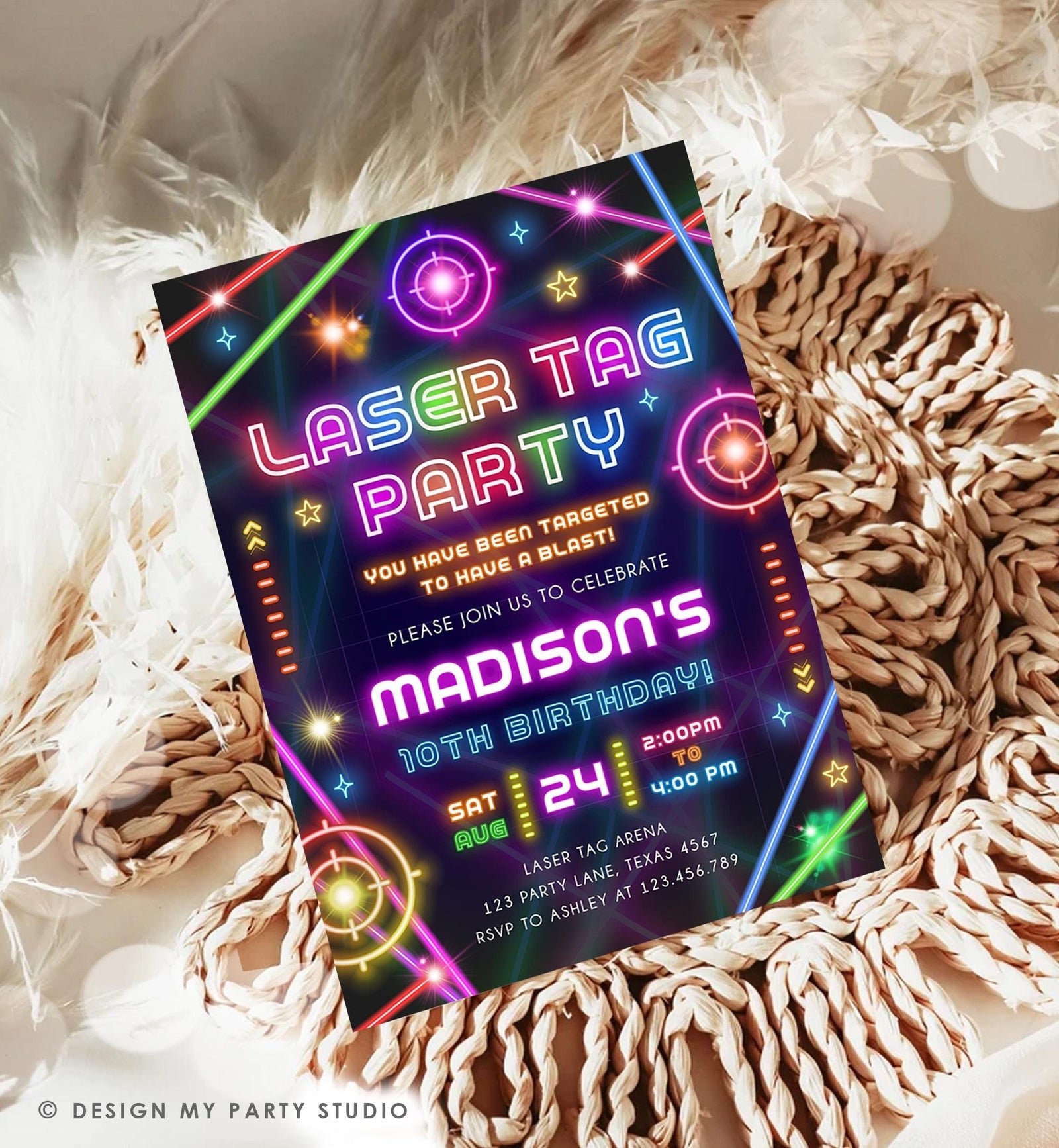 Editable Laser Tag Party Birthday Invitation Animals Neon Glow Arcade Lazer Game On Hall Girl Digital Download Evite Template Printable 0536