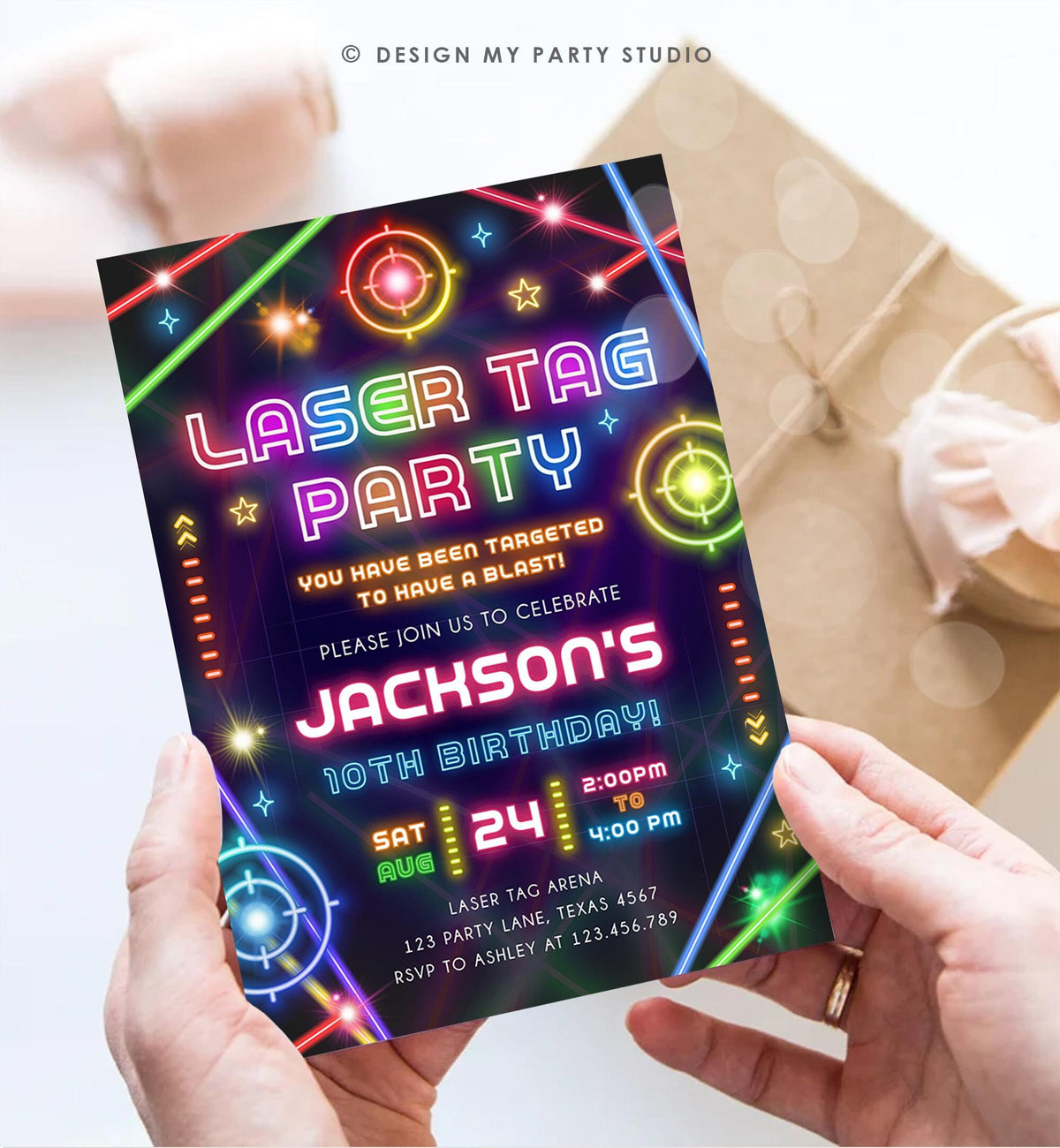 Editable Laser Tag Party Birthday Invitation Animals Neon Glow Arcade Lazer Game On Hall Boy Digital Download Evite Template Printable 0536