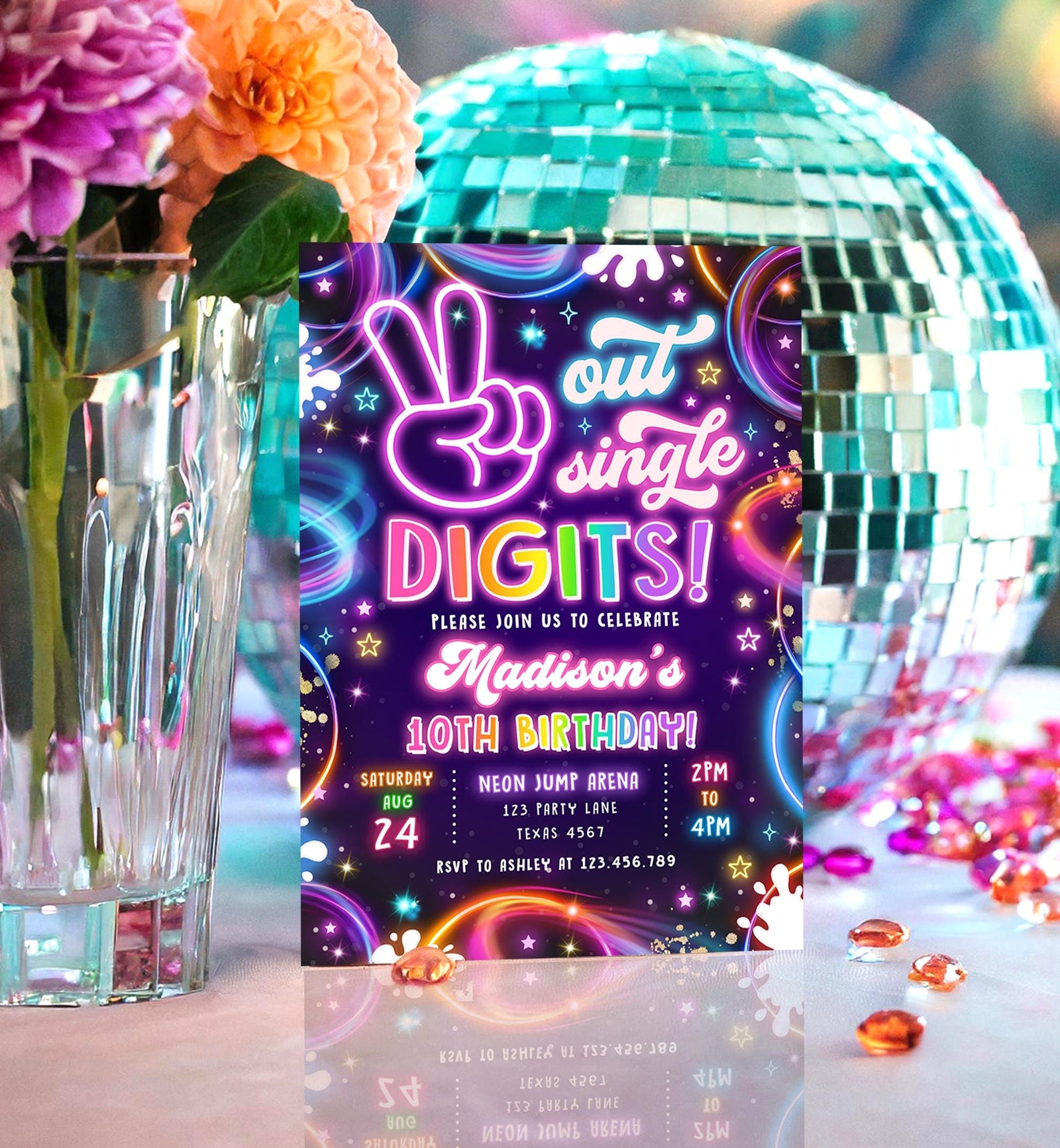 Editable Peace Out Single Digits Birthday Invitation Neon Glow Disco Girl 10th Birthday Party Digital Download Evite Template Printable 0537