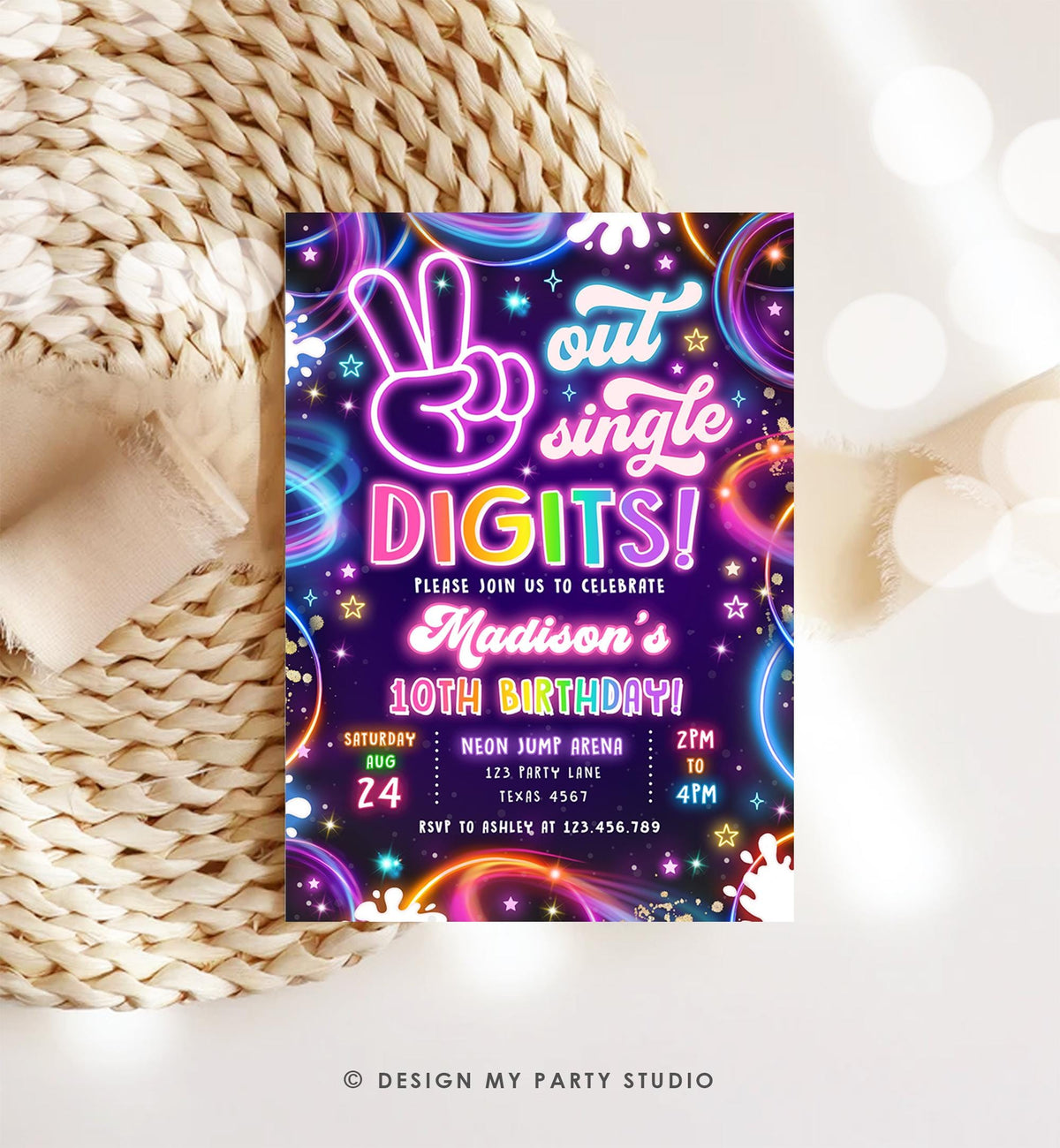 Editable Peace Out Single Digits Birthday Invitation Neon Glow Disco Girl 10th Birthday Party Digital Download Evite Template Printable 0537