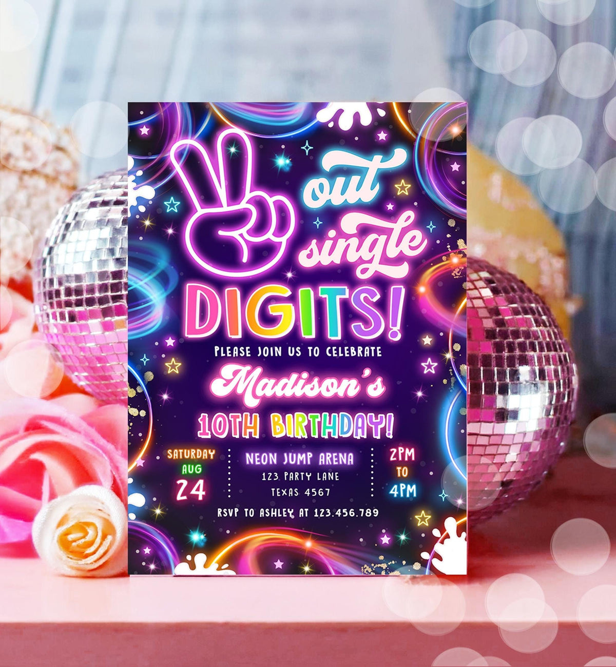 Editable Peace Out Single Digits Birthday Invitation Neon Glow Disco Girl 10th Birthday Party Digital Download Evite Template Printable 0537