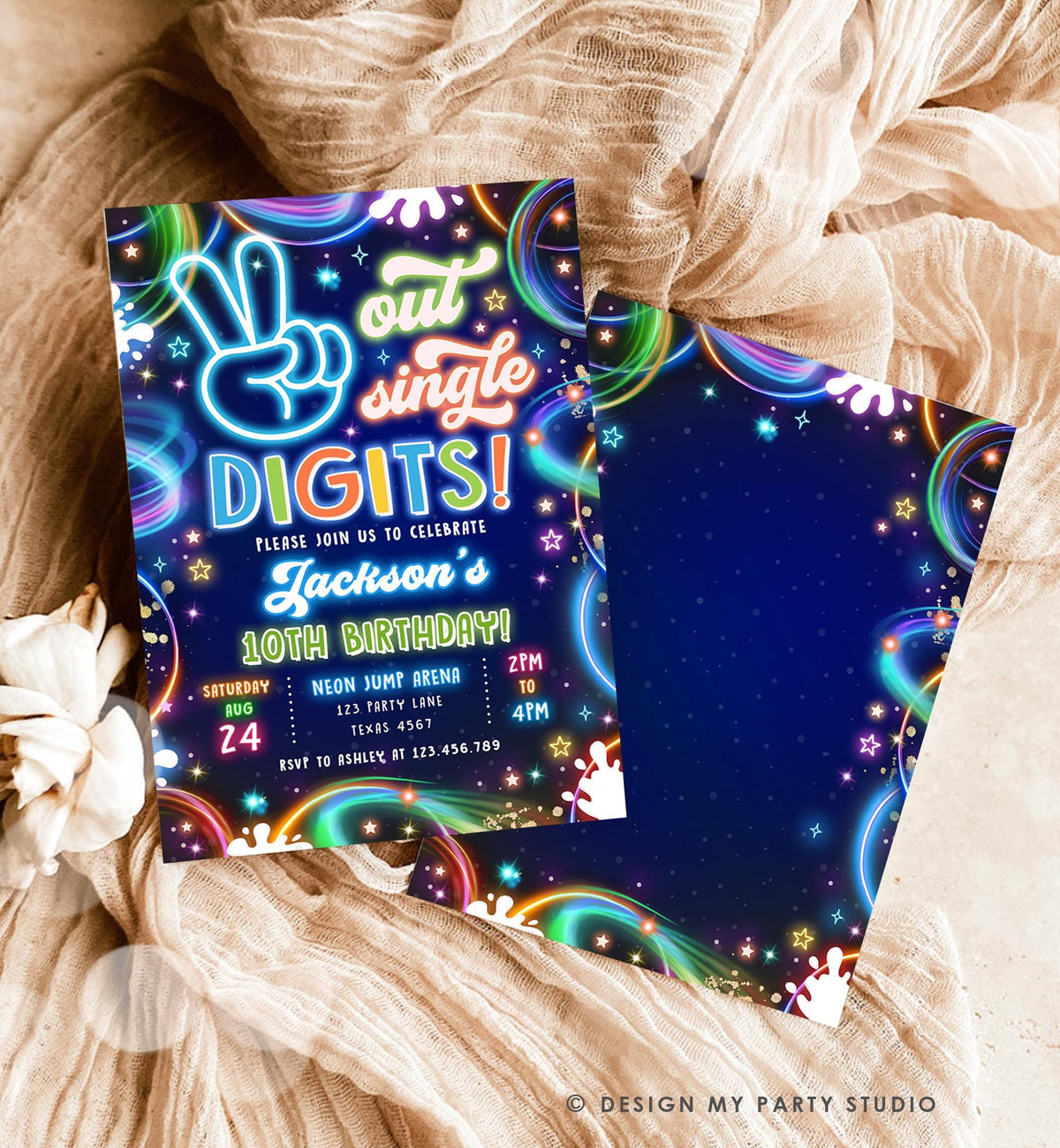 Editable Peace Out Single Digits Birthday Invitation Neon Glow Disco Boy 10th Birthday Party Digital Download Evite Template Printable 0537