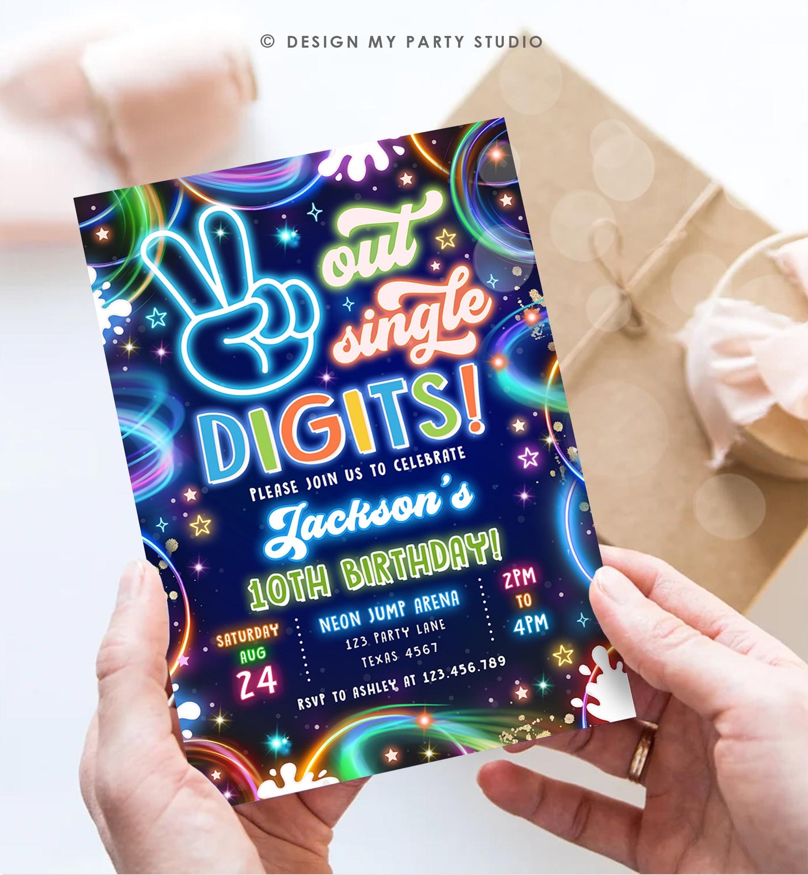 Editable Peace Out Single Digits Birthday Invitation Neon Glow Disco Boy 10th Birthday Party Digital Download Evite Template Printable 0537