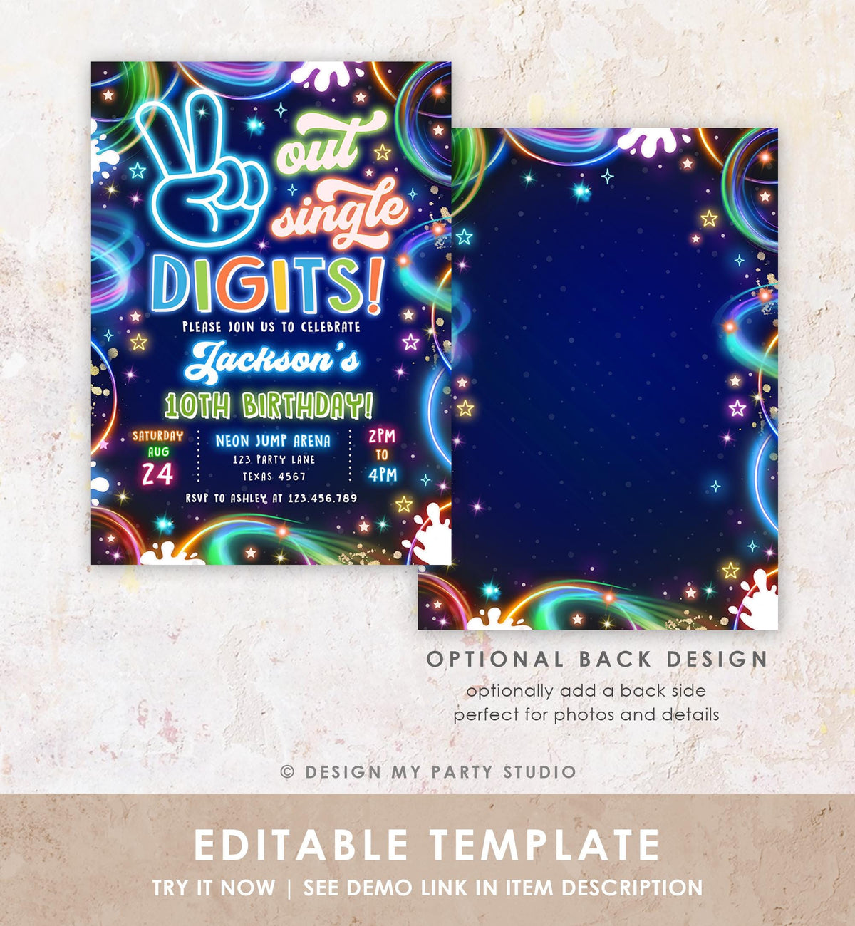 Editable Peace Out Single Digits Birthday Invitation Neon Glow Disco Boy 10th Birthday Party Digital Download Evite Template Printable 0537