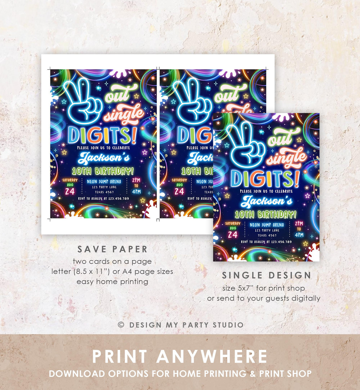 Editable Peace Out Single Digits Birthday Invitation Neon Glow Disco Boy 10th Birthday Party Digital Download Evite Template Printable 0537