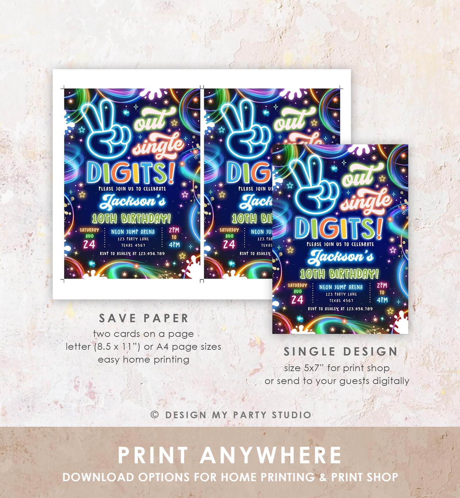 Editable Peace Out Single Digits Birthday Invitation Neon Glow Disco Boy 10th Birthday Party Digital Download Evite Template Printable 0537