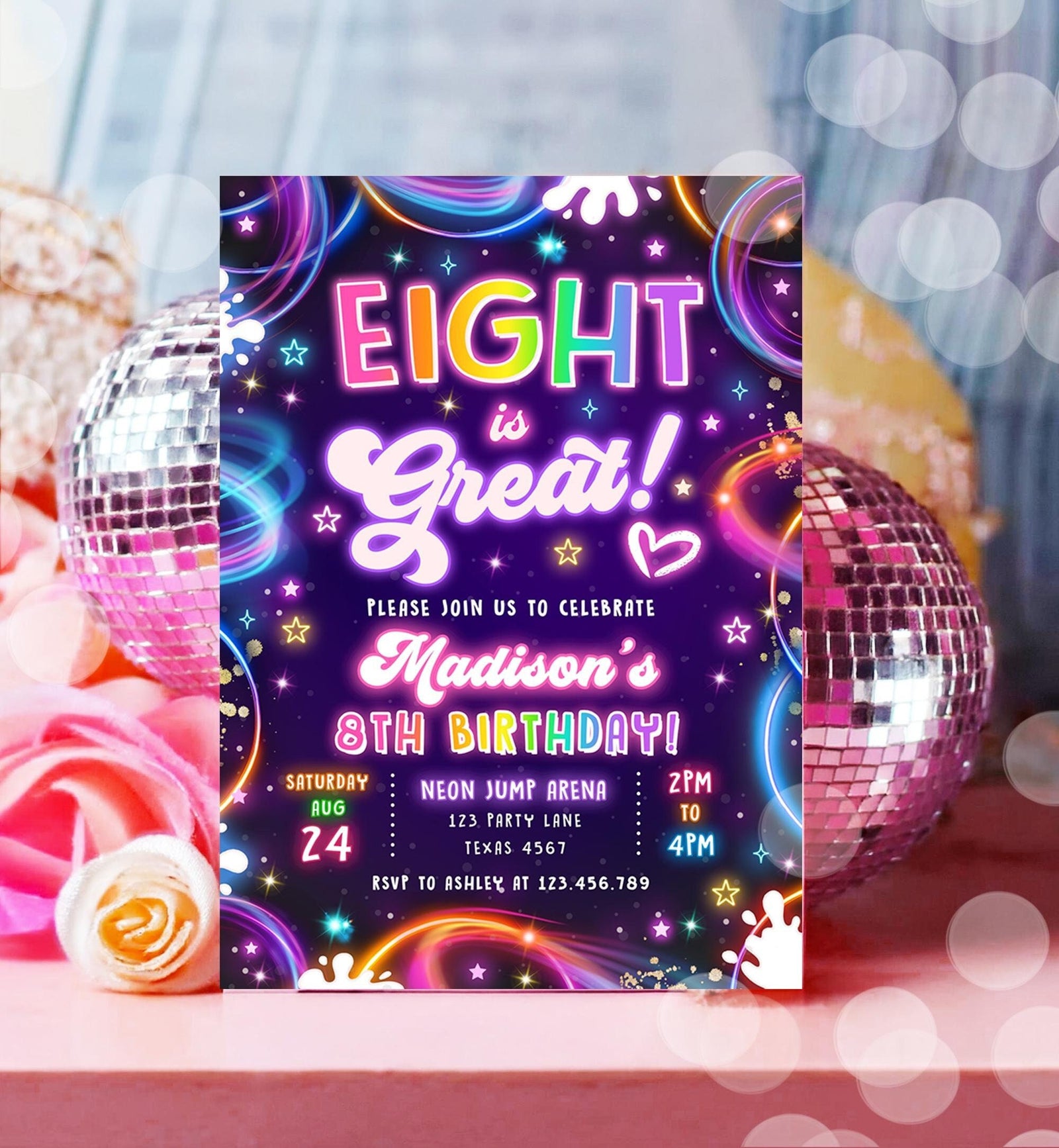 Editable Eight is Great Birthday Invitation Neon Glow Disco Girl 8th Birthday Party Digital Download Evite Template Printable 0537
