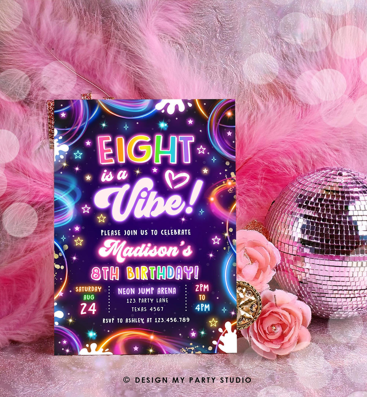 Editable Eight is a Vibe Birthday Invitation Neon Glow Disco Girl 8th Birthday Party Digital Download Evite Template Printable 0537