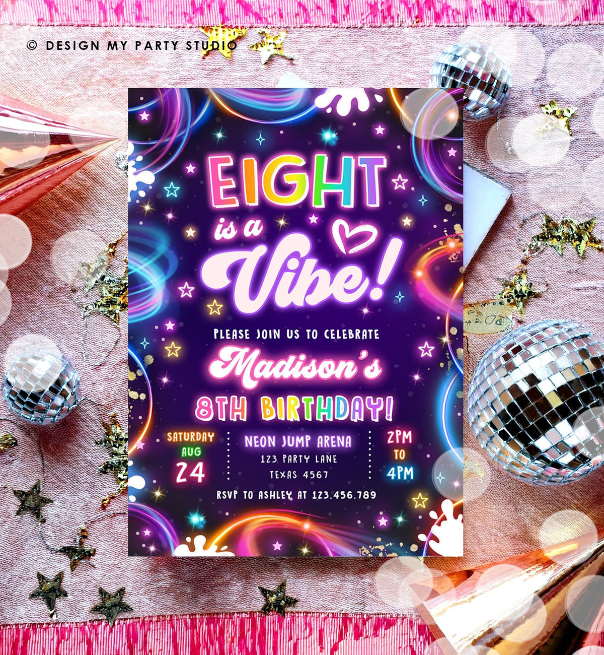 Editable Eight is a Vibe Birthday Invitation Neon Glow Disco Girl 8th Birthday Party Digital Download Evite Template Printable 0537