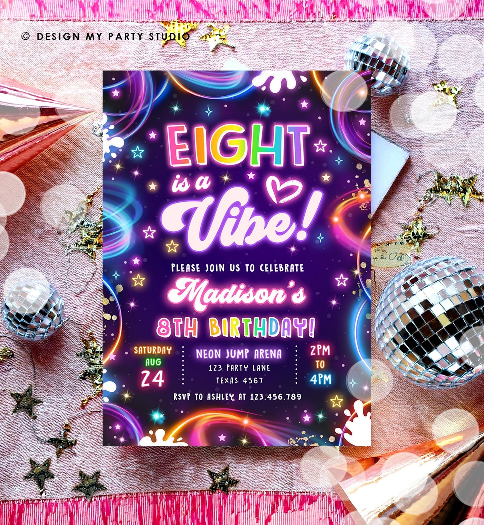 Editable Eight is a Vibe Birthday Invitation Neon Glow Disco Girl 8th Birthday Party Digital Download Evite Template Printable 0537