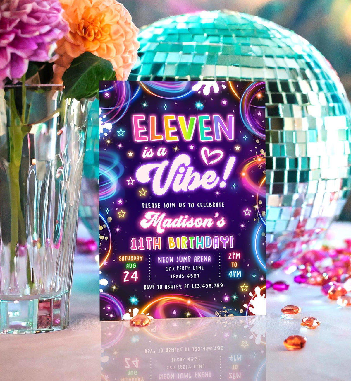 Editable Eleven is a Vibe Birthday Invitation Neon Glow Disco Girl 11th Birthday Party Digital Download Evite Template Printable 0537