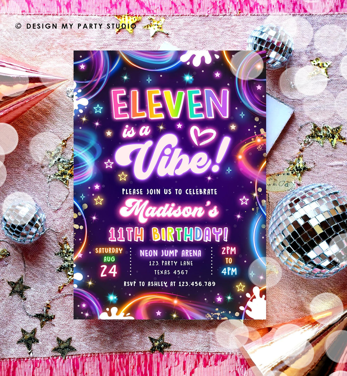 Editable Eleven is a Vibe Birthday Invitation Neon Glow Disco Girl 11th Birthday Party Digital Download Evite Template Printable 0537