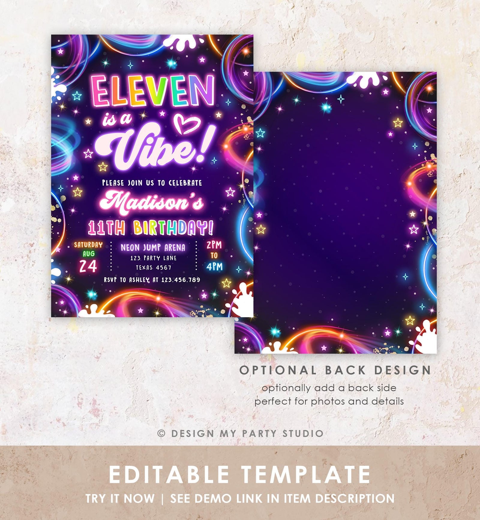 Editable Eleven is a Vibe Birthday Invitation Neon Glow Disco Girl 11th Birthday Party Digital Download Evite Template Printable 0537
