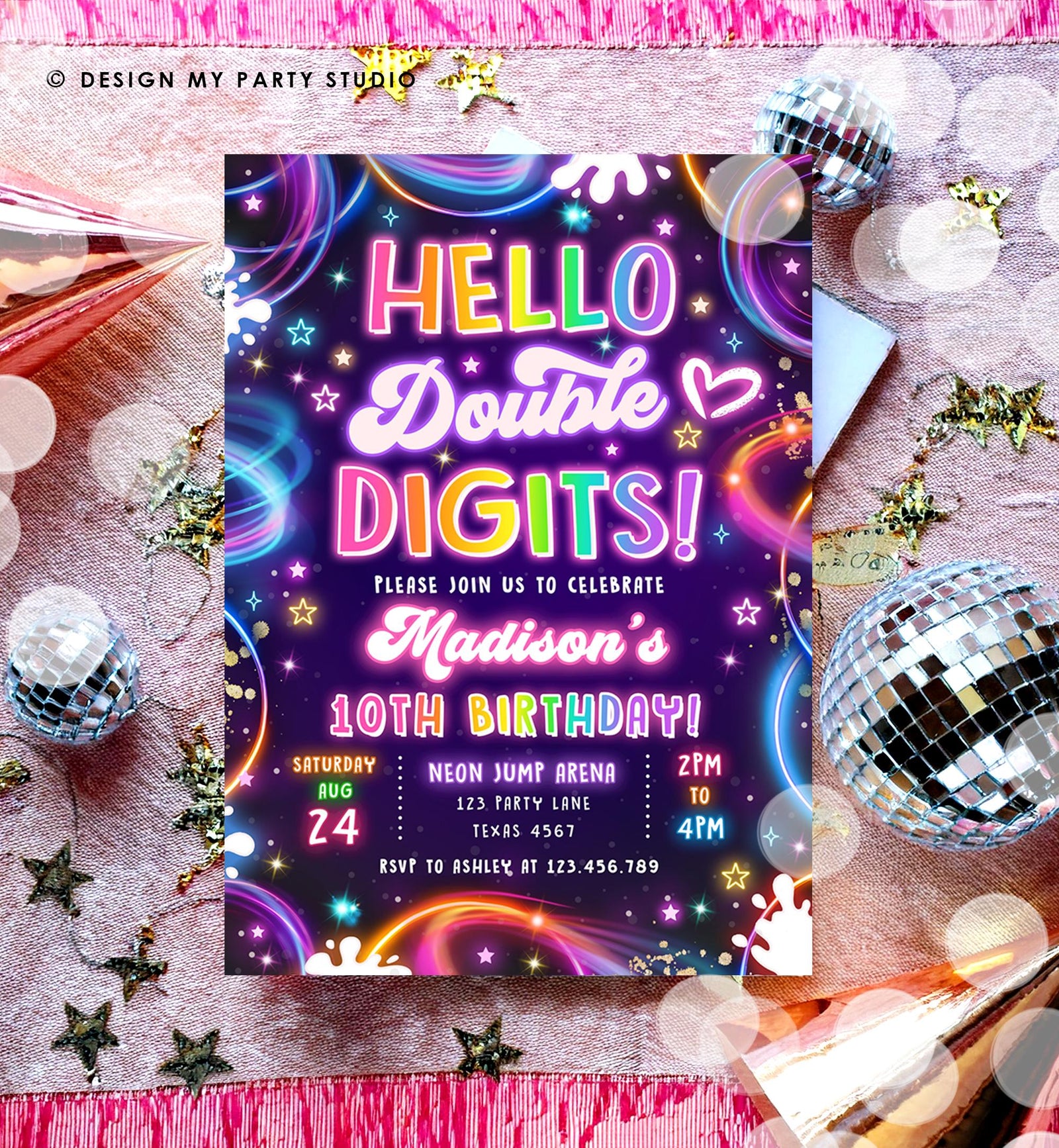 Editable Hello Double Digits Birthday Invitation Neon Glow Disco Girl 10th Birthday Party Digital Download Evite Template Printable 0537