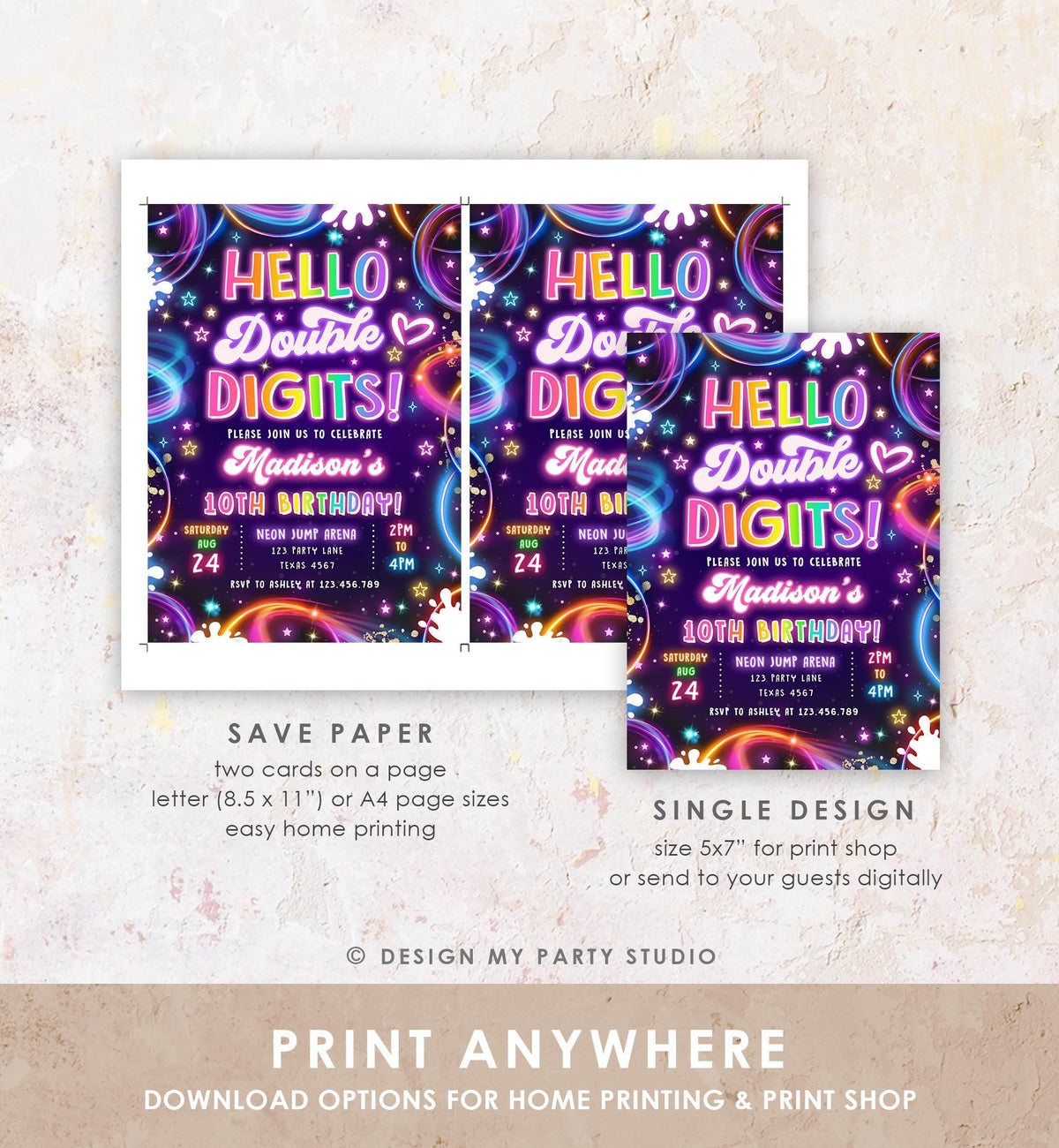 Editable Hello Double Digits Birthday Invitation Neon Glow Disco Girl 10th Birthday Party Digital Download Evite Template Printable 0537
