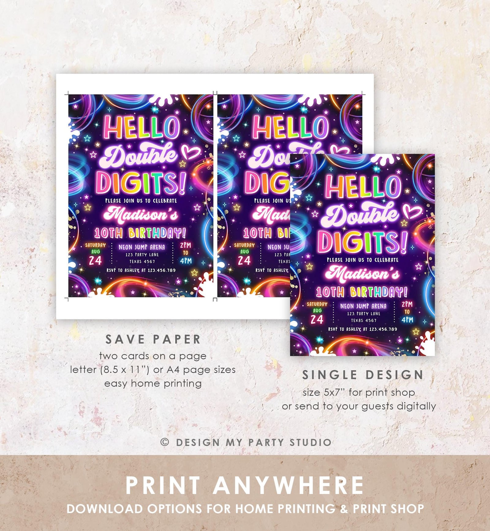 Editable Hello Double Digits Birthday Invitation Neon Glow Disco Girl 10th Birthday Party Digital Download Evite Template Printable 0537