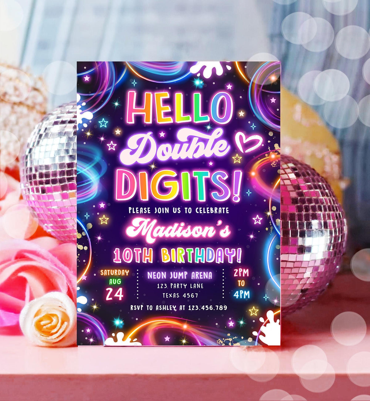 Editable Hello Double Digits Birthday Invitation Neon Glow Disco Girl 10th Birthday Party Digital Download Evite Template Printable 0537