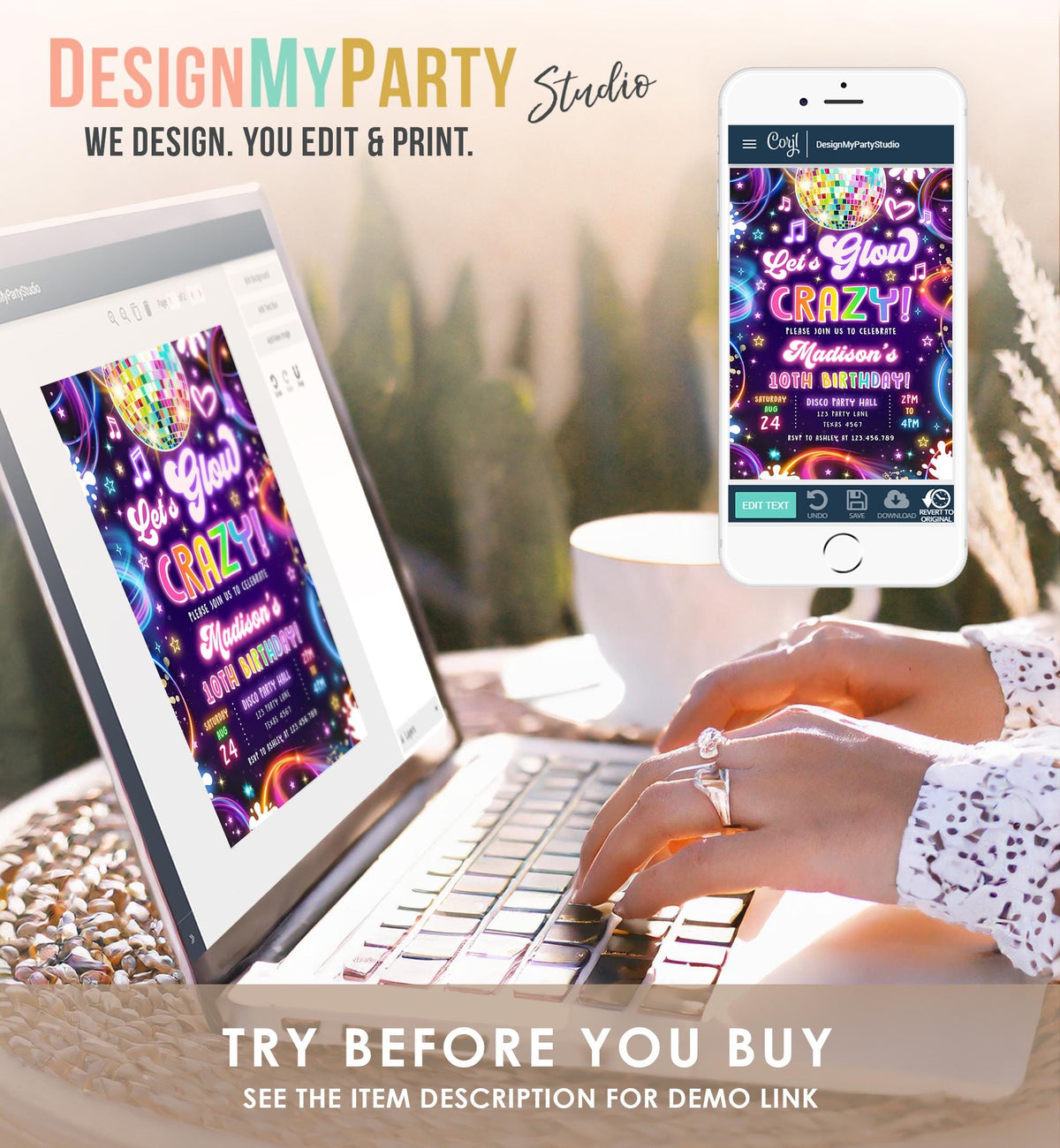 Editable Let's Glow Crazy Birthday Invitation Neon Glow Disco Party Girl Retro Groovy Digital Download Evite Template Printable 0537