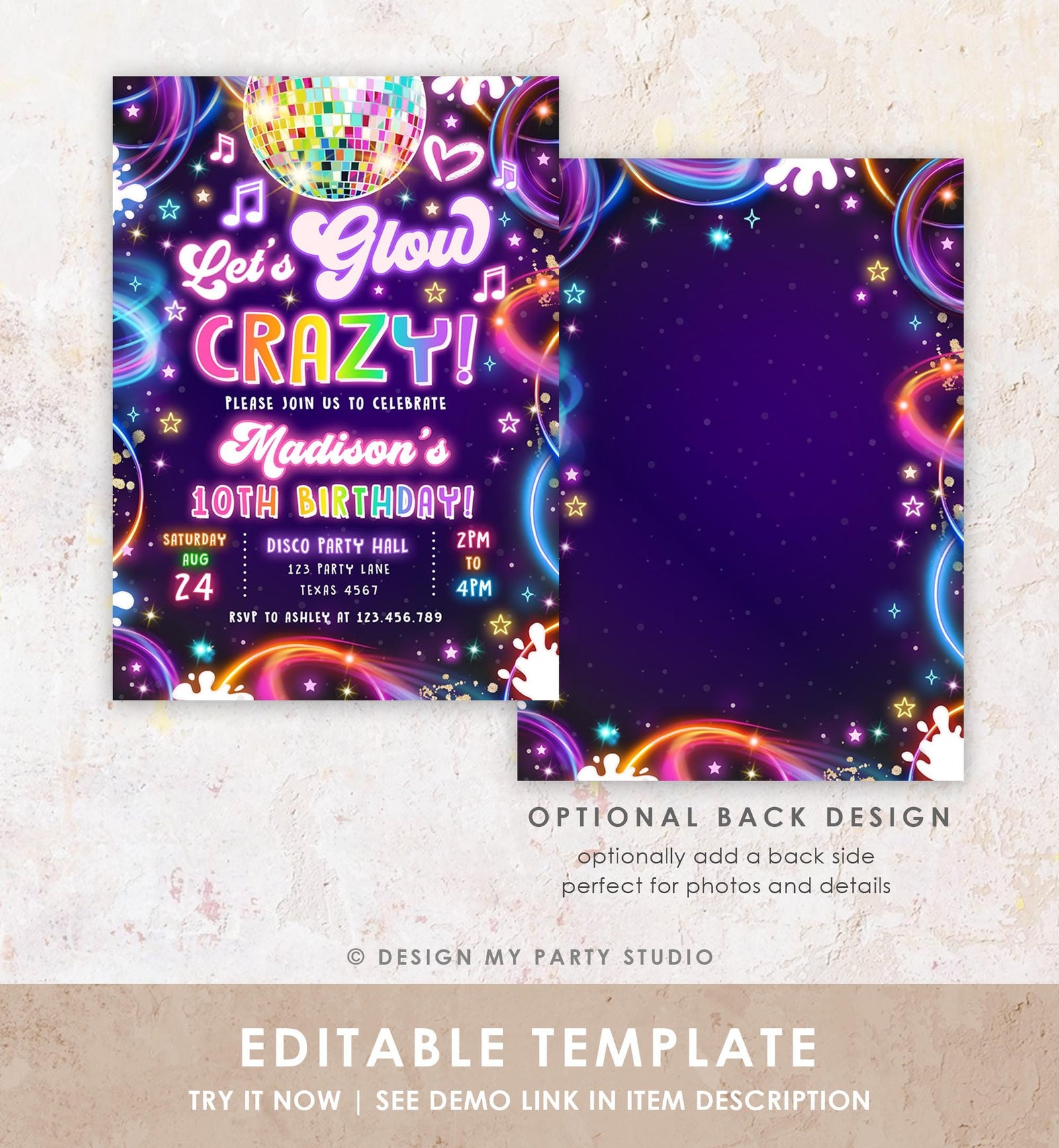 Editable Let's Glow Crazy Birthday Invitation Neon Glow Disco Party Girl Retro Groovy Digital Download Evite Template Printable 0537