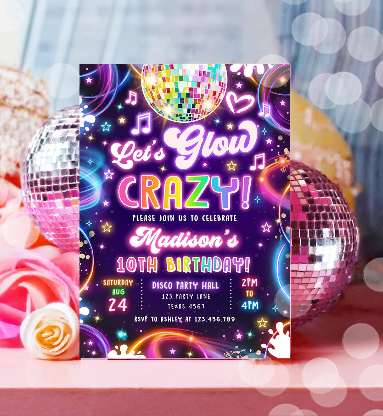 Editable Let's Glow Crazy Birthday Invitation Neon Glow Disco Party Girl Retro Groovy Digital Download Evite Template Printable 0537