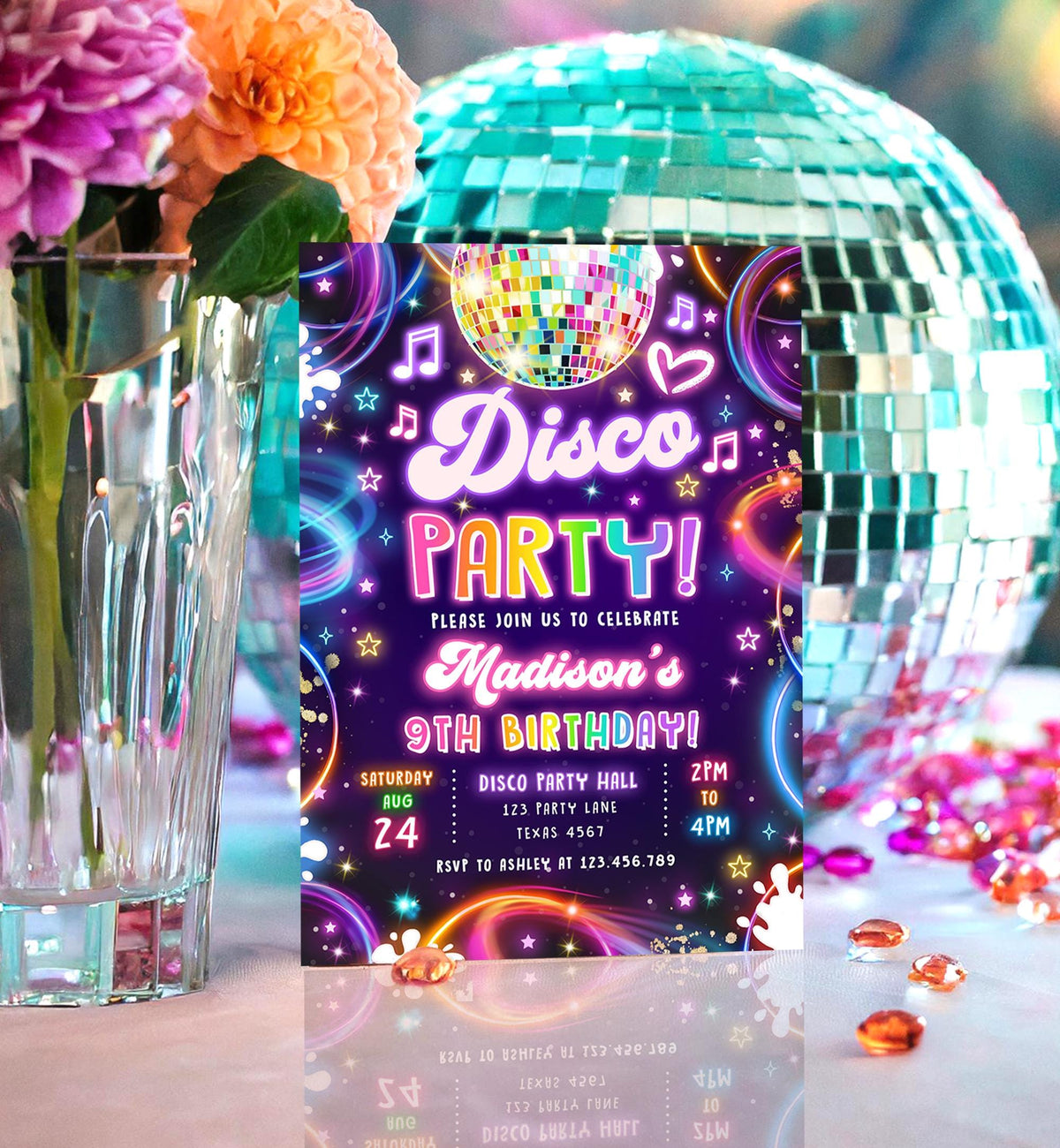Editable Disco Party Birthday Invitation Neon Glow Let's Glow Crazy Girl Retro Groovy Digital Download Evite Template Printable 0537