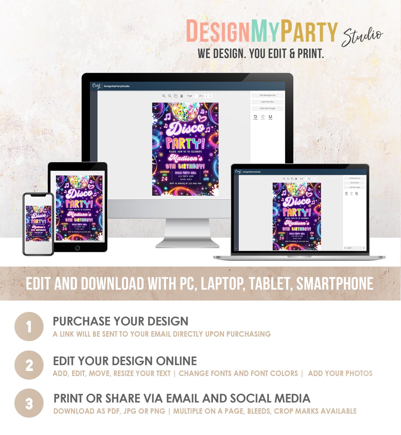 Editable Disco Party Birthday Invitation Neon Glow Let's Glow Crazy Girl Retro Groovy Digital Download Evite Template Printable 0537