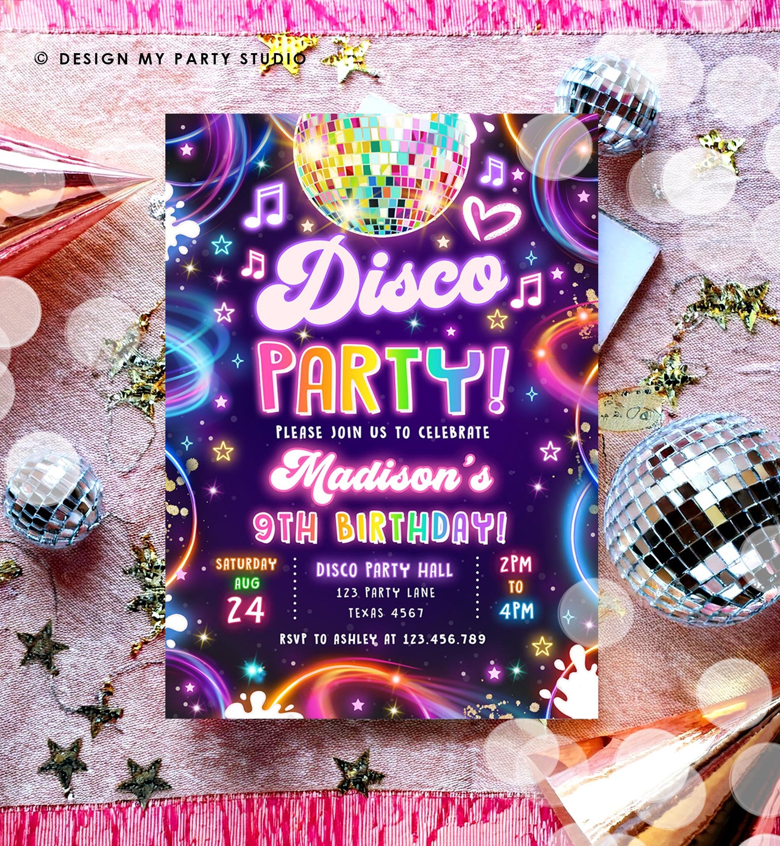 Editable Disco Party Birthday Invitation Neon Glow Let's Glow Crazy Girl Retro Groovy Digital Download Evite Template Printable 0537