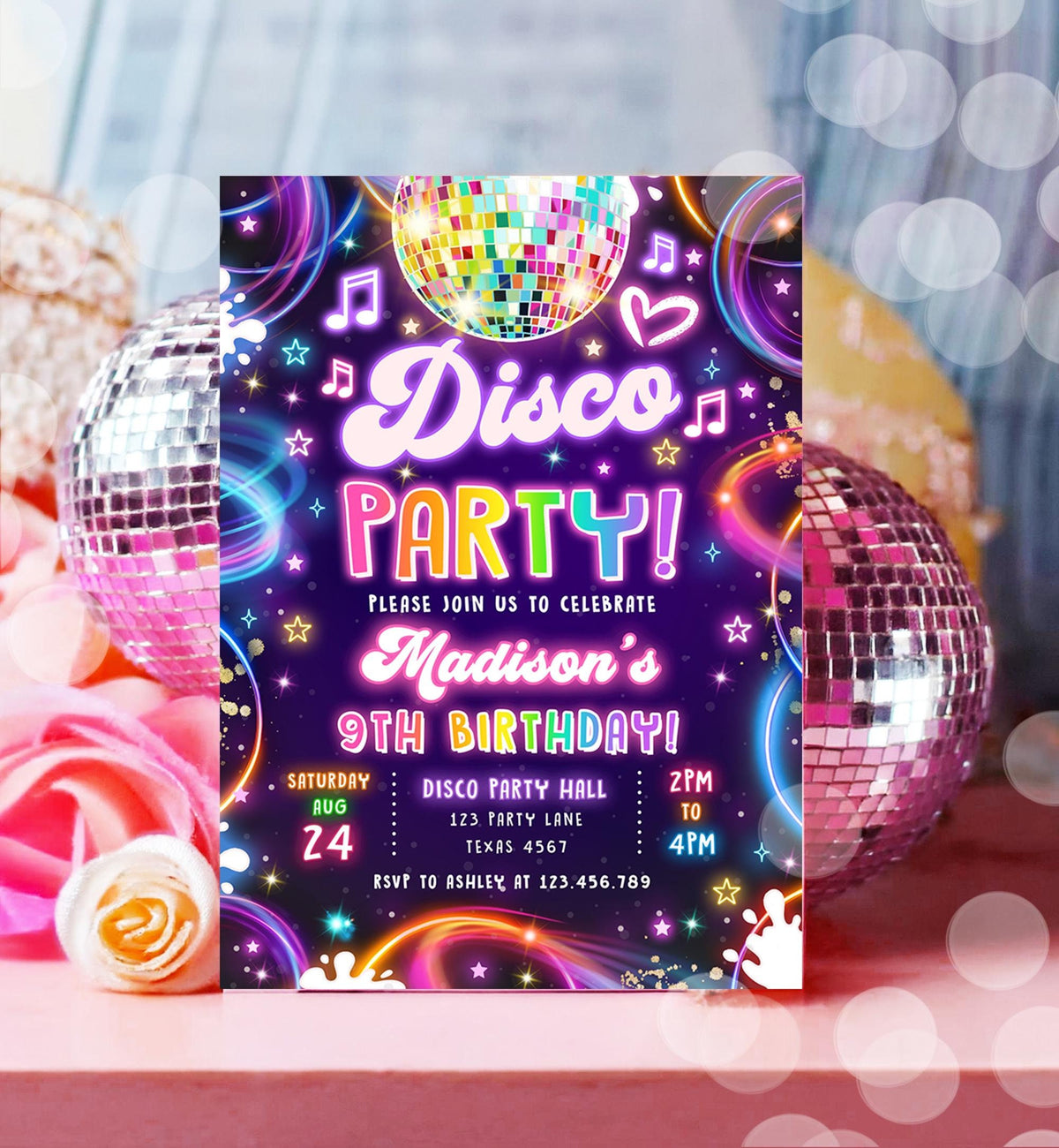 Editable Disco Party Birthday Invitation Neon Glow Let's Glow Crazy Girl Retro Groovy Digital Download Evite Template Printable 0537