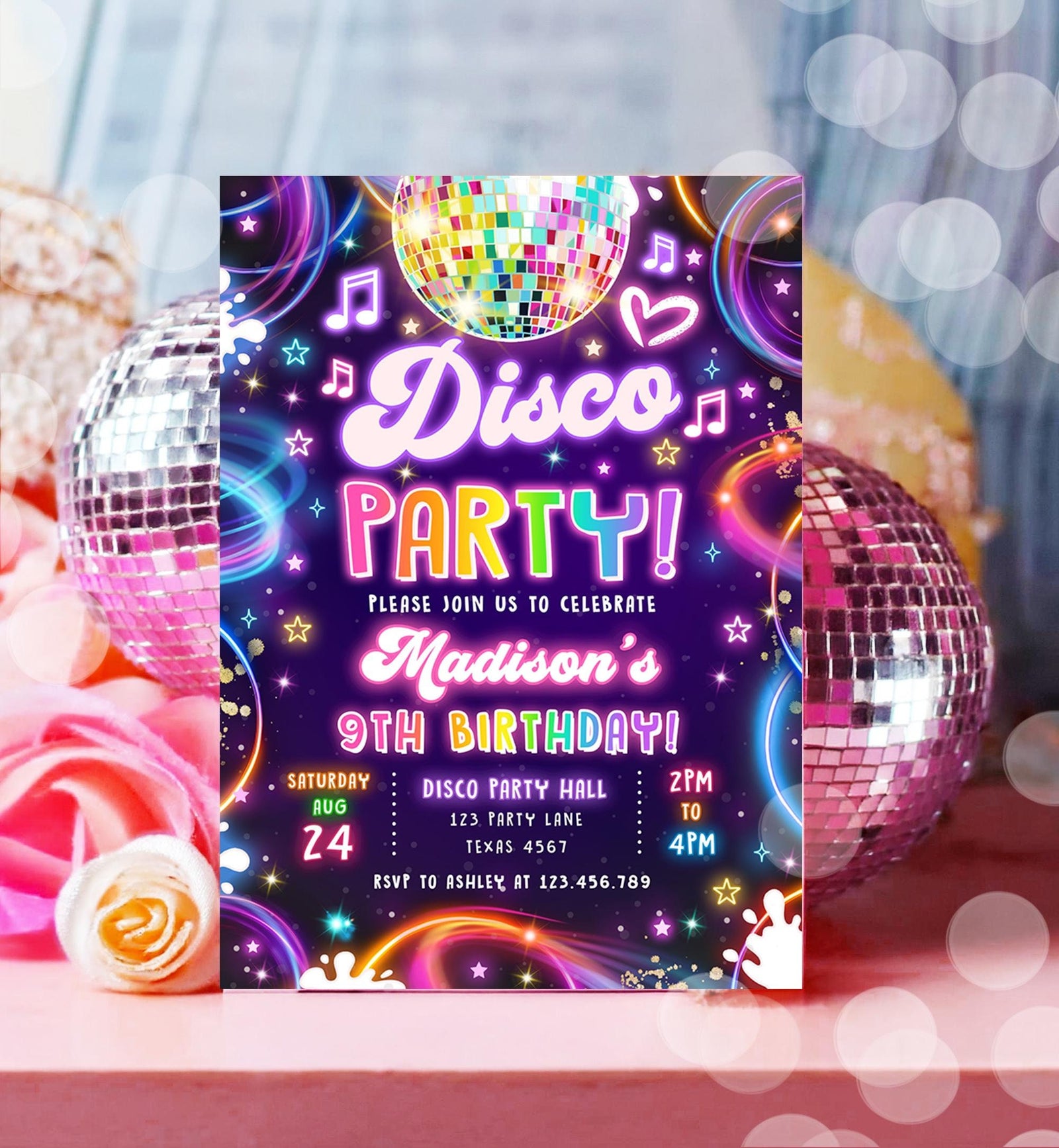 Editable Disco Party Birthday Invitation Neon Glow Let's Glow Crazy Girl Retro Groovy Digital Download Evite Template Printable 0537