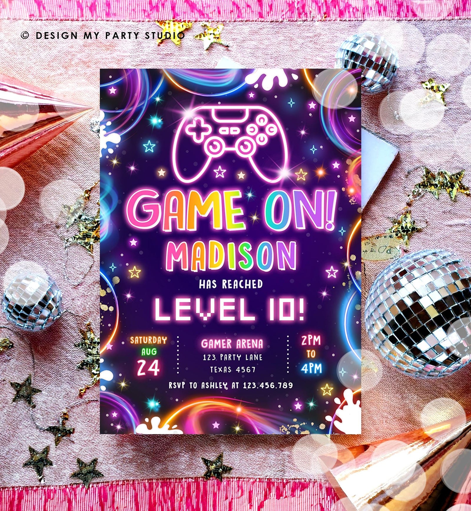 Editable Game On Birthday Invitation Video Game Gamer Level Up Neon Glow Girl Epic Play Party Fun Digital Evite Template Printable 0537
