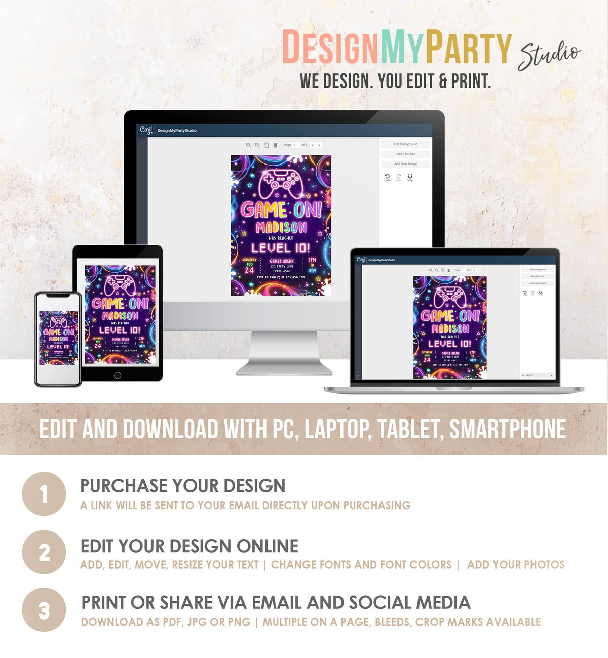 Editable Game On Birthday Invitation Video Game Gamer Level Up Neon Glow Girl Epic Play Party Fun Digital Evite Template Printable 0537