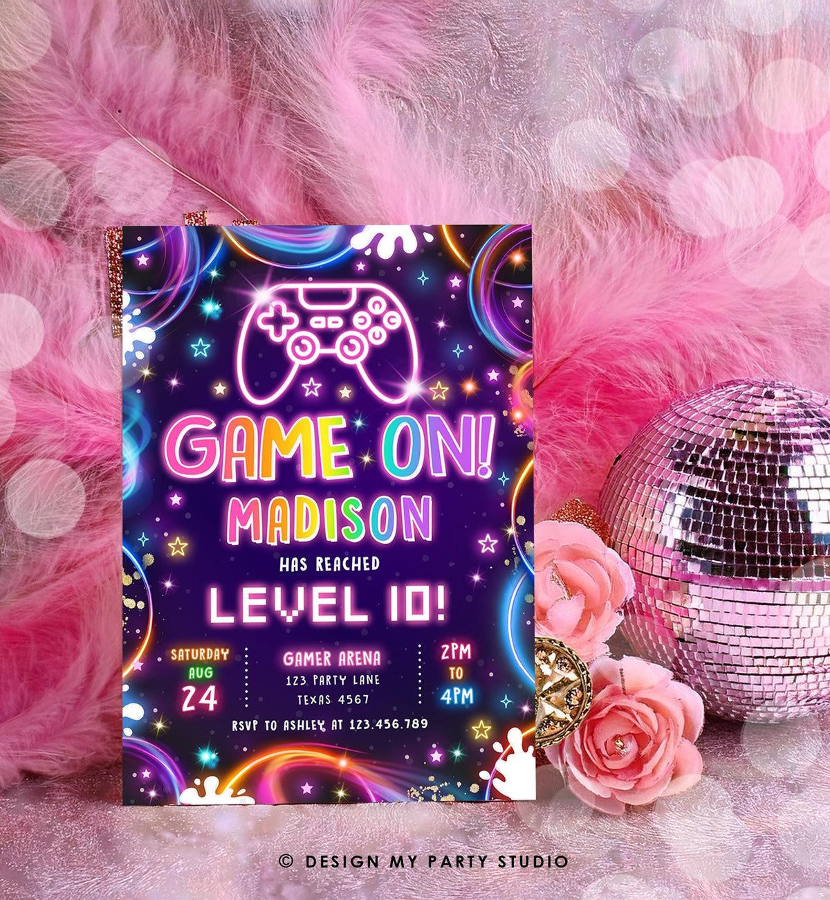 Editable Game On Birthday Invitation Video Game Gamer Level Up Neon Glow Girl Epic Play Party Fun Digital Evite Template Printable 0537