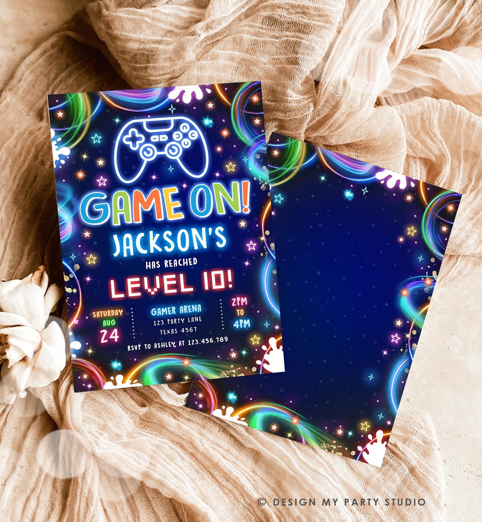 Editable Game On Birthday Invitation Video Game Gamer Level Up Neon Glow Boy Epic Play Party Fun Digital Evite Template Printable 0537