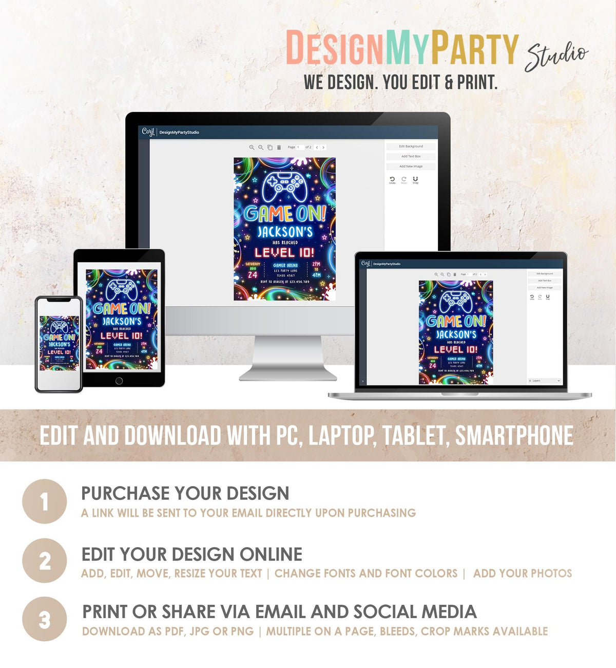 Editable Game On Birthday Invitation Video Game Gamer Level Up Neon Glow Boy Epic Play Party Fun Digital Evite Template Printable 0537