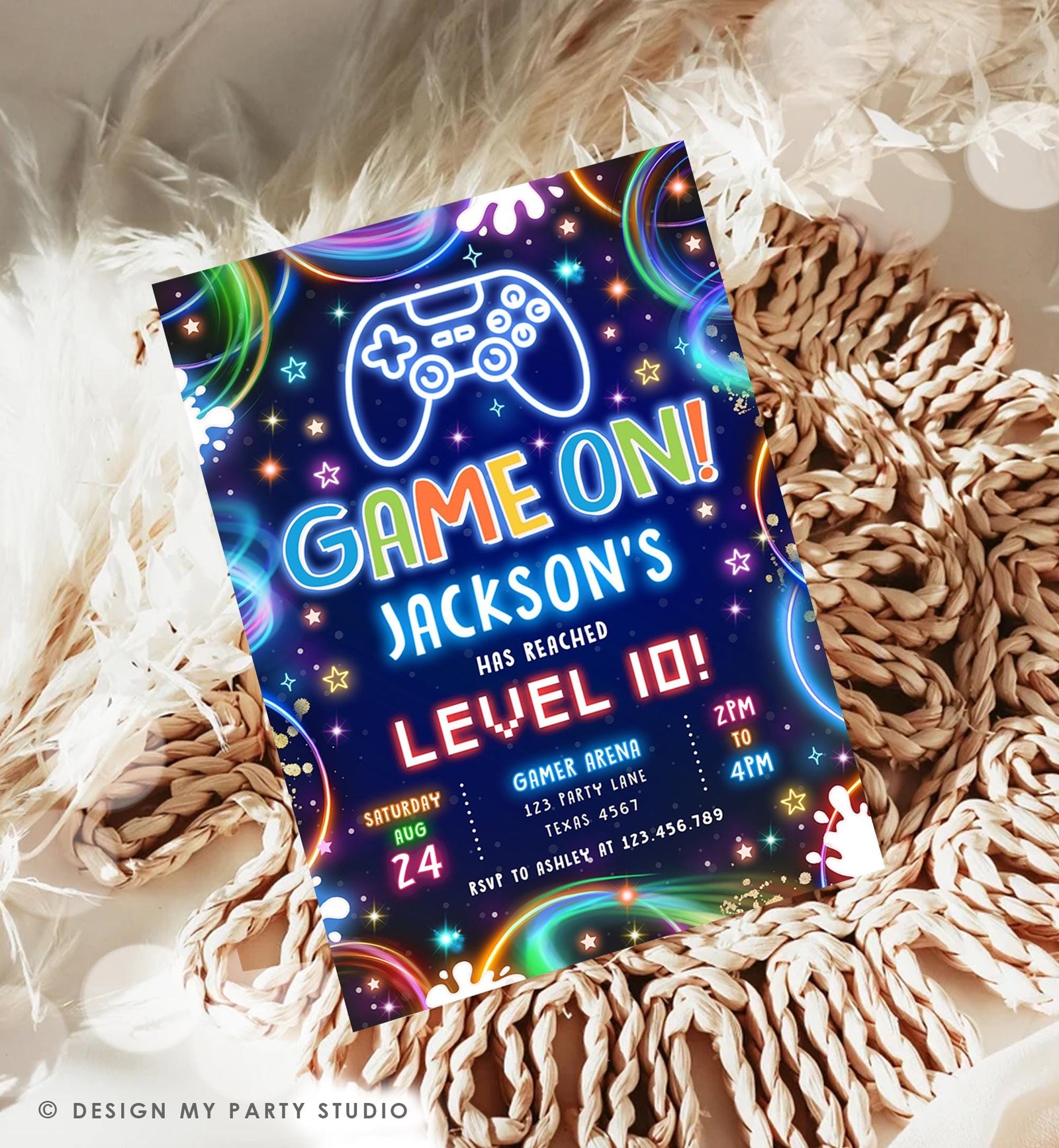 Editable Game On Birthday Invitation Video Game Gamer Level Up Neon Glow Boy Epic Play Party Fun Digital Evite Template Printable 0537