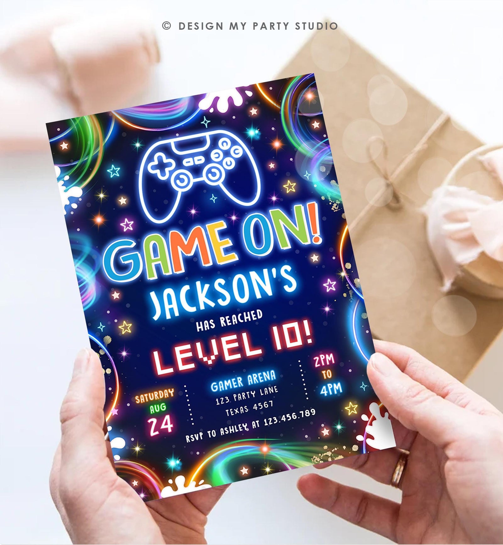 Editable Game On Birthday Invitation Video Game Gamer Level Up Neon Glow Boy Epic Play Party Fun Digital Evite Template Printable 0537