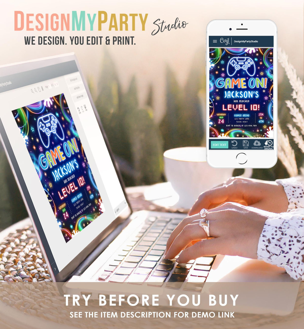 Editable Game On Birthday Invitation Video Game Gamer Level Up Neon Glow Boy Epic Play Party Fun Digital Evite Template Printable 0537