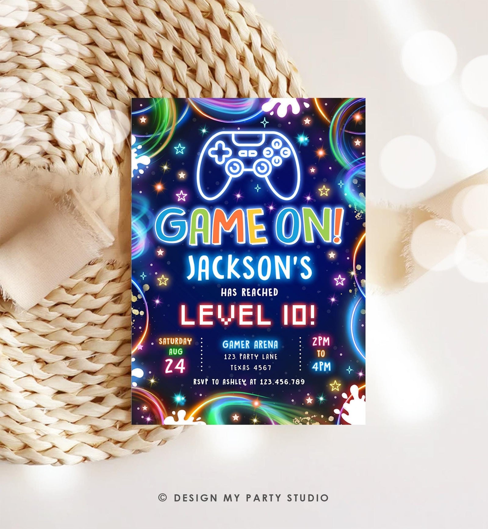 Editable Game On Birthday Invitation Video Game Gamer Level Up Neon Glow Boy Epic Play Party Fun Digital Evite Template Printable 0537