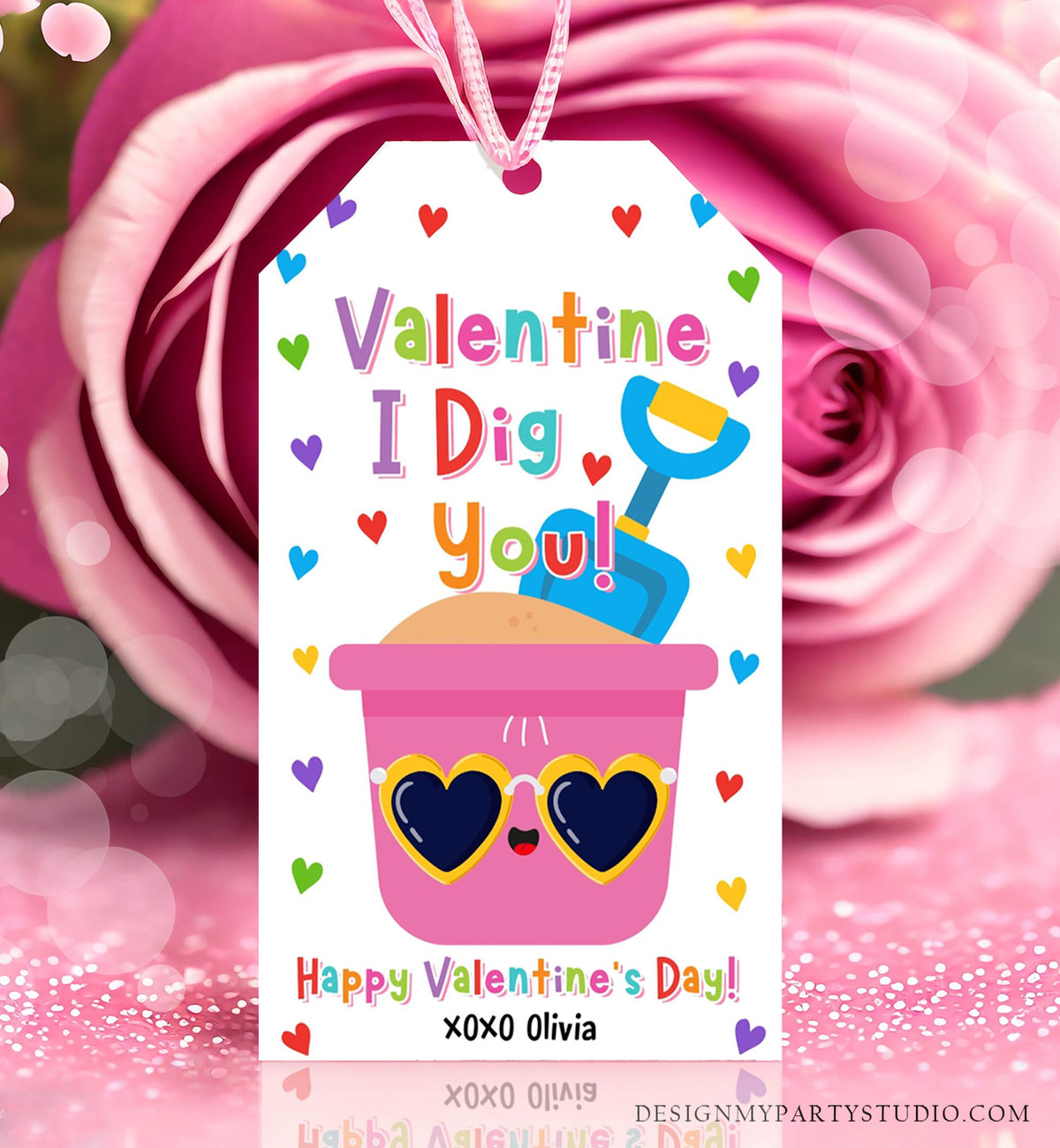 Editable Valentine I Dig You Valentines Day Gift Tag Pink Girl Shovel Bucket Beach Sand Favor Kids School Classroom Template Printable 0370