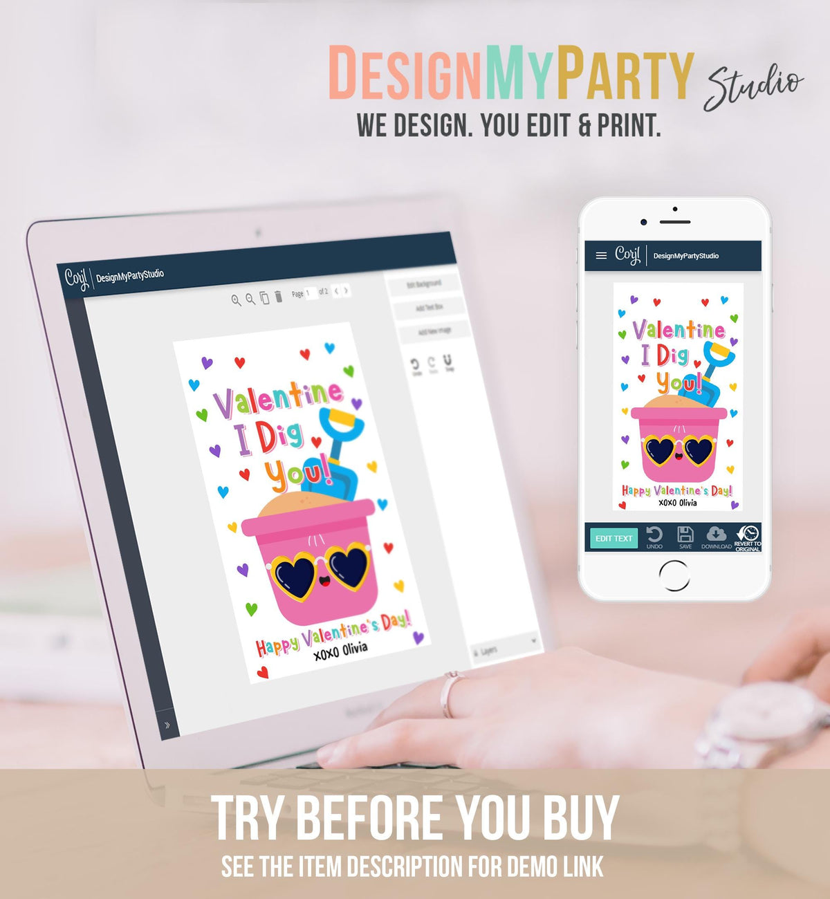 Editable Valentine I Dig You Valentines Day Gift Tag Pink Girl Shovel Bucket Beach Sand Favor Kids School Classroom Template Printable 0370