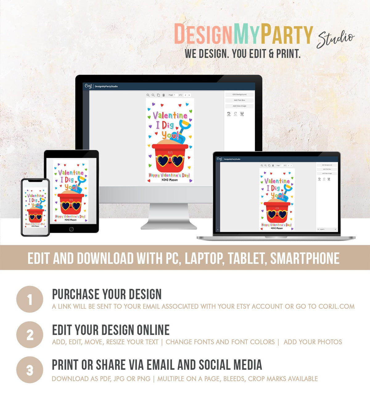 Editable Valentine I Dig You Valentines Day Gift Tag Red Boy Shovel Bucket Beach Sand Favor Kids School Classroom Template Printable 0370