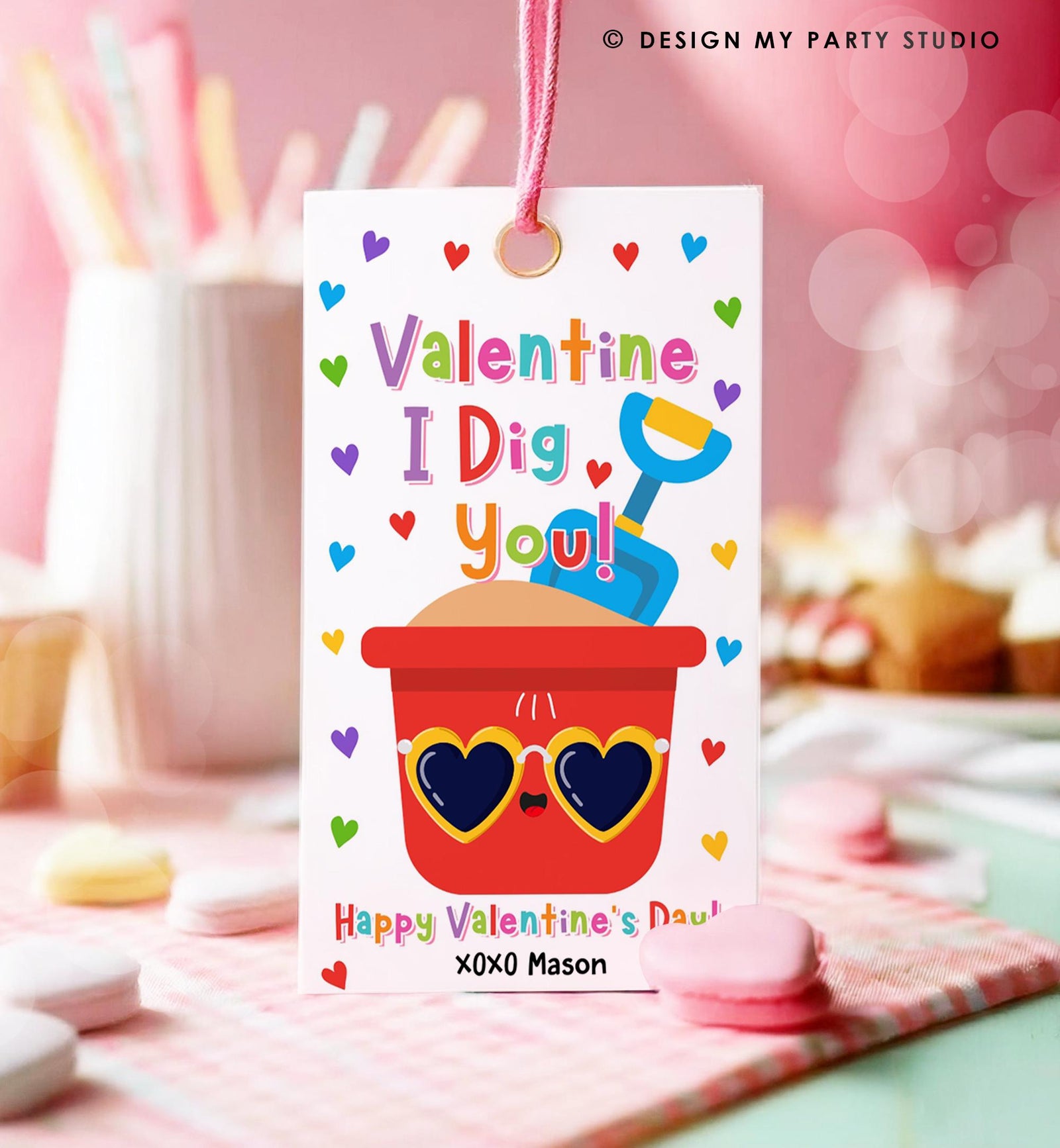 Editable Valentine I Dig You Valentines Day Gift Tag Red Boy Shovel Bucket Beach Sand Favor Kids School Classroom Template Printable 0370