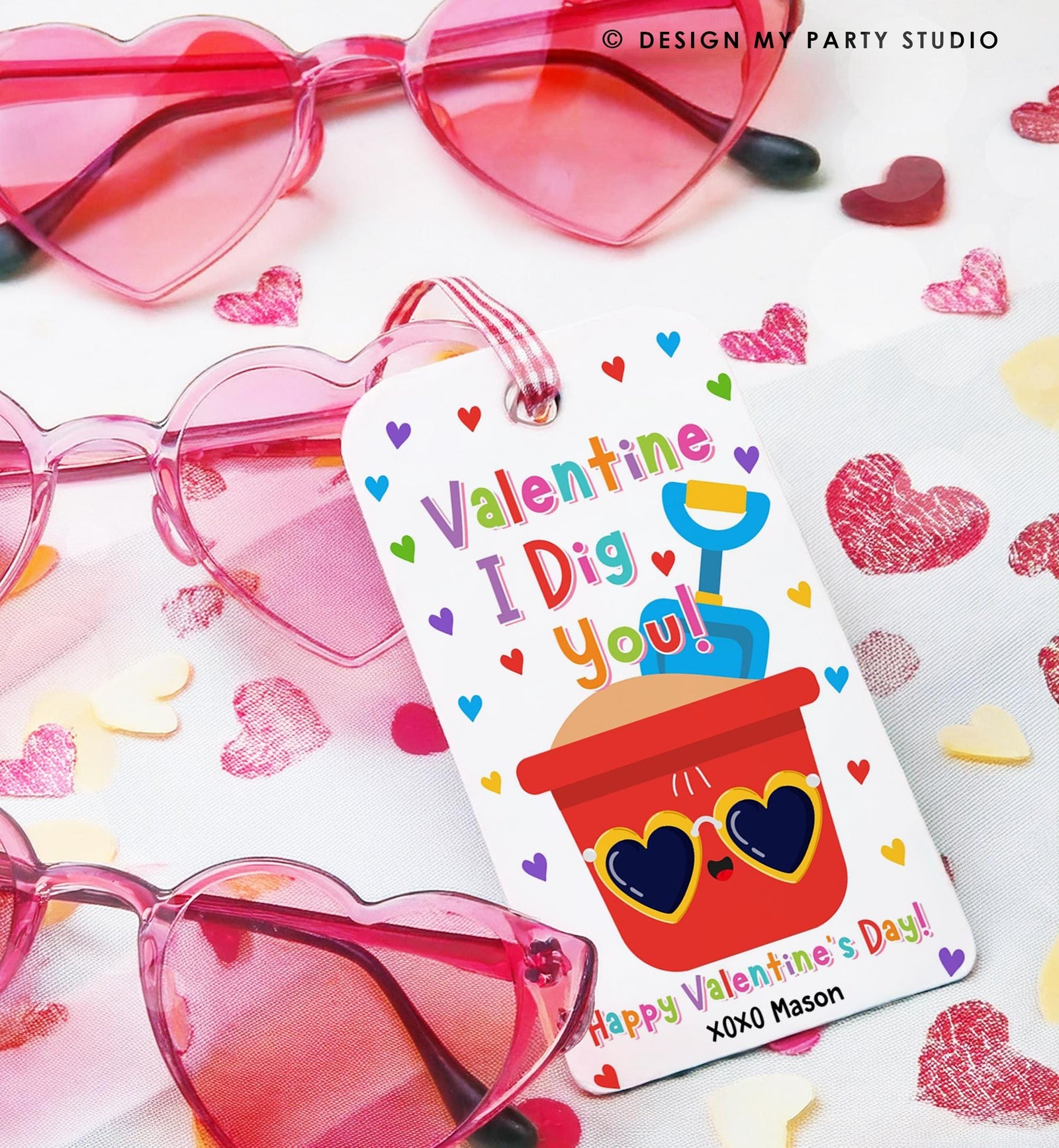 Editable Valentine I Dig You Valentines Day Gift Tag Red Boy Shovel Bucket Beach Sand Favor Kids School Classroom Template Printable 0370